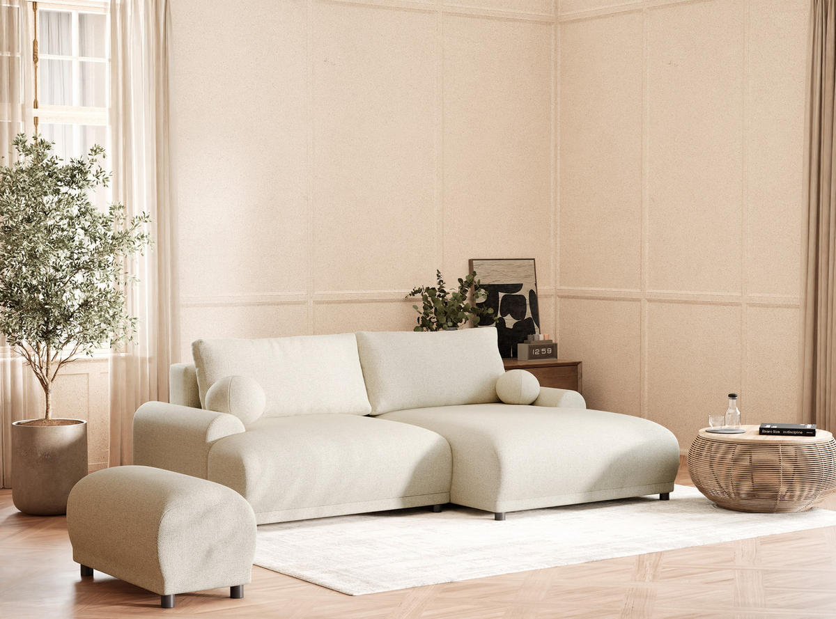 ECKSOFA MIT SCHLAFFUNKTION Tallin Creme Webstoff - Creme/Schwarz, Holz/Holzwerkstoff (240/145cm) - Maison de Reve