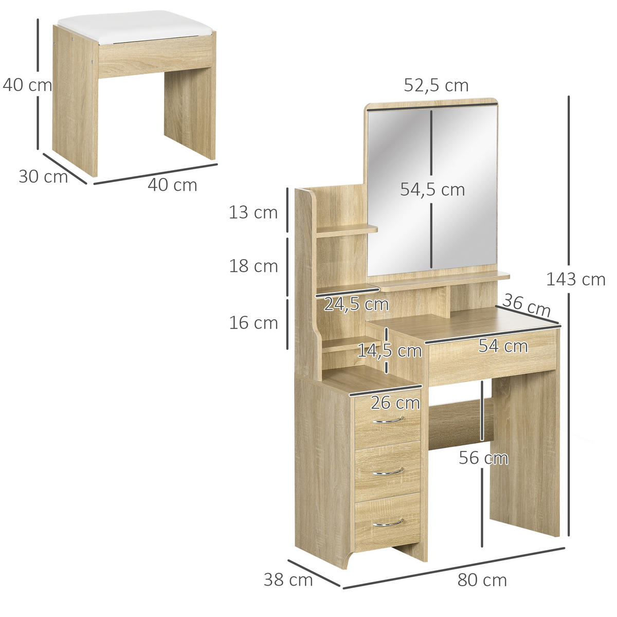 SCHMINKTISCH DE-18288 Naturholz - Naturfarben, Holzwerkstoff (38/143/80cm) - ComfortXL