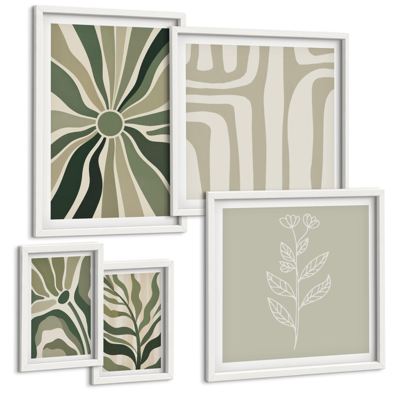 BILDER SET 5er Set - 50x50 cm & 20x30 cm & 40x60 cm Weißer Rahmen - Pflanzenmuster grüner Minimalismus - Weiß, Kunststoff (40/60cm) - TULUP