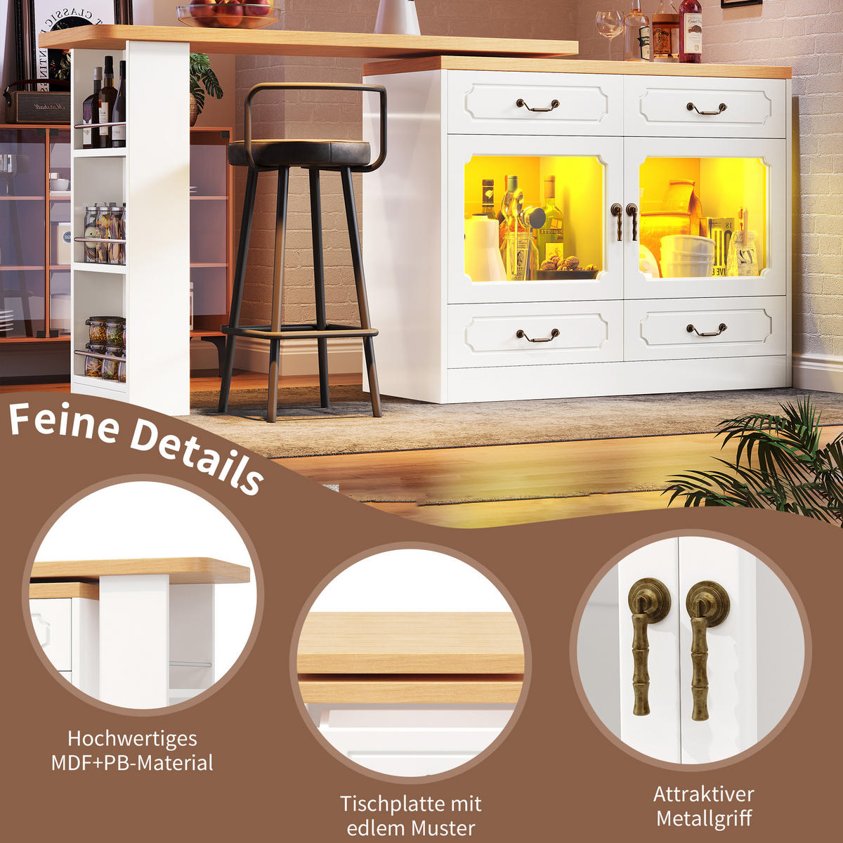 BARTISCH Ausziehbarer aus MDF mit 360° Drehplatte & LED, 135-203/39/92,8 cm, Weiß - Weiß, Holzwerkstoff (39/92.8/135cm) - Redom