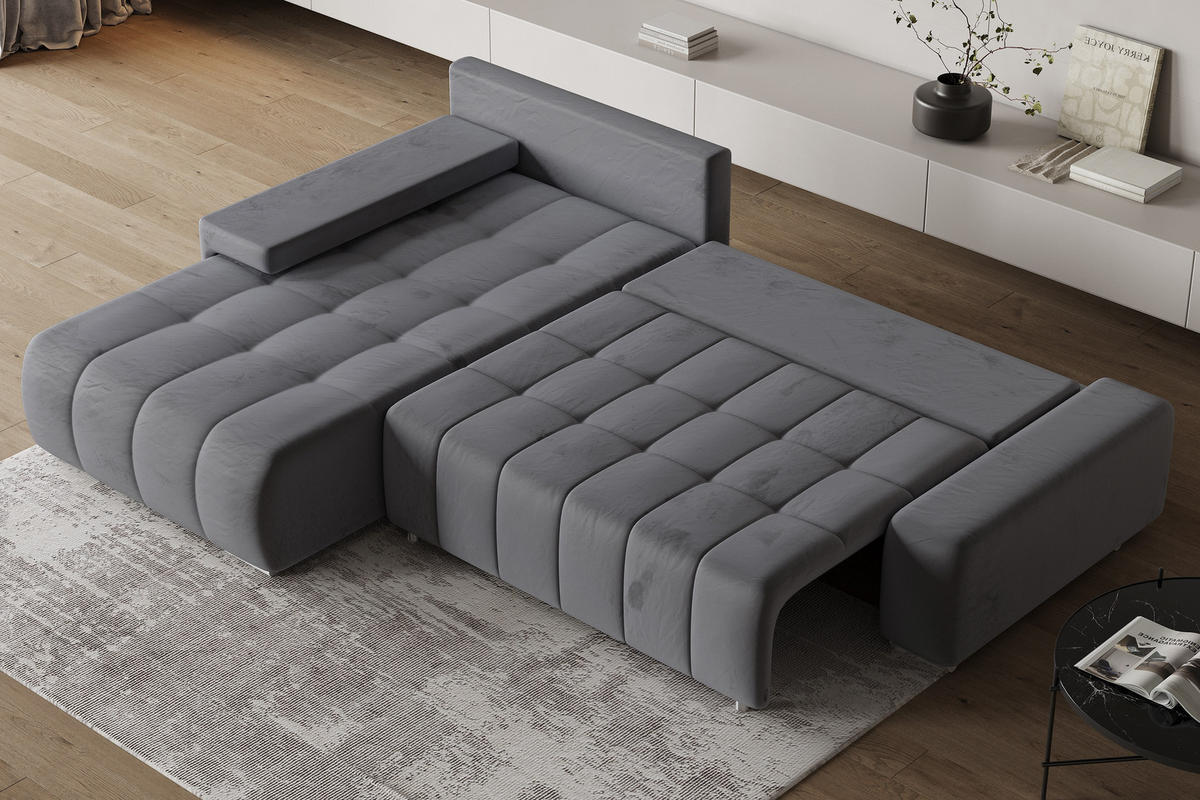 ECKSOFA ALESE L-S Grau Velours-Stoff mit Schlaffunktion - Grau, Holz (265/185cm) - MASSENO