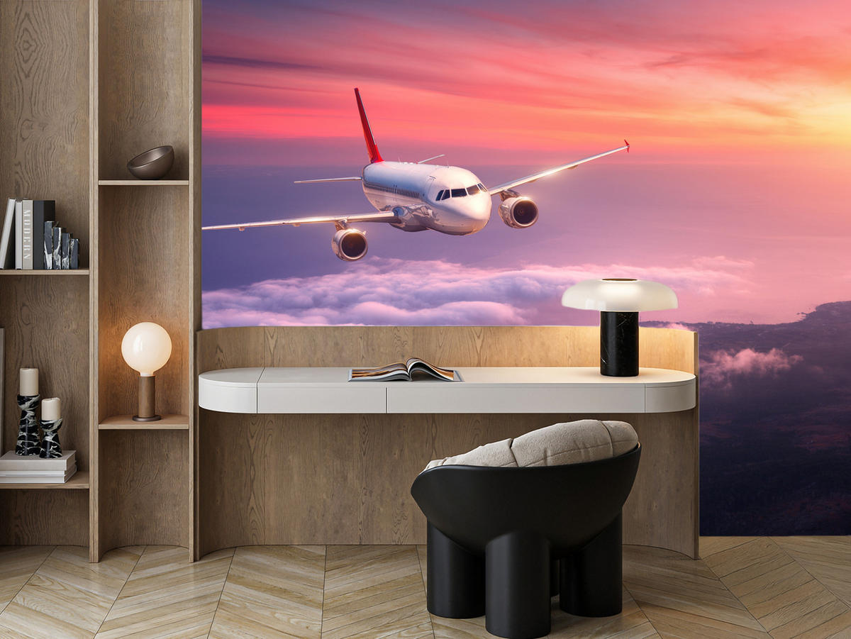 FOTOTAPETE für Wohnzimmer Flugzeug Sonnenuntergang Wolken Himmel 450x315 - Gelb/Rot, Papier (450/315cm) - Muralo