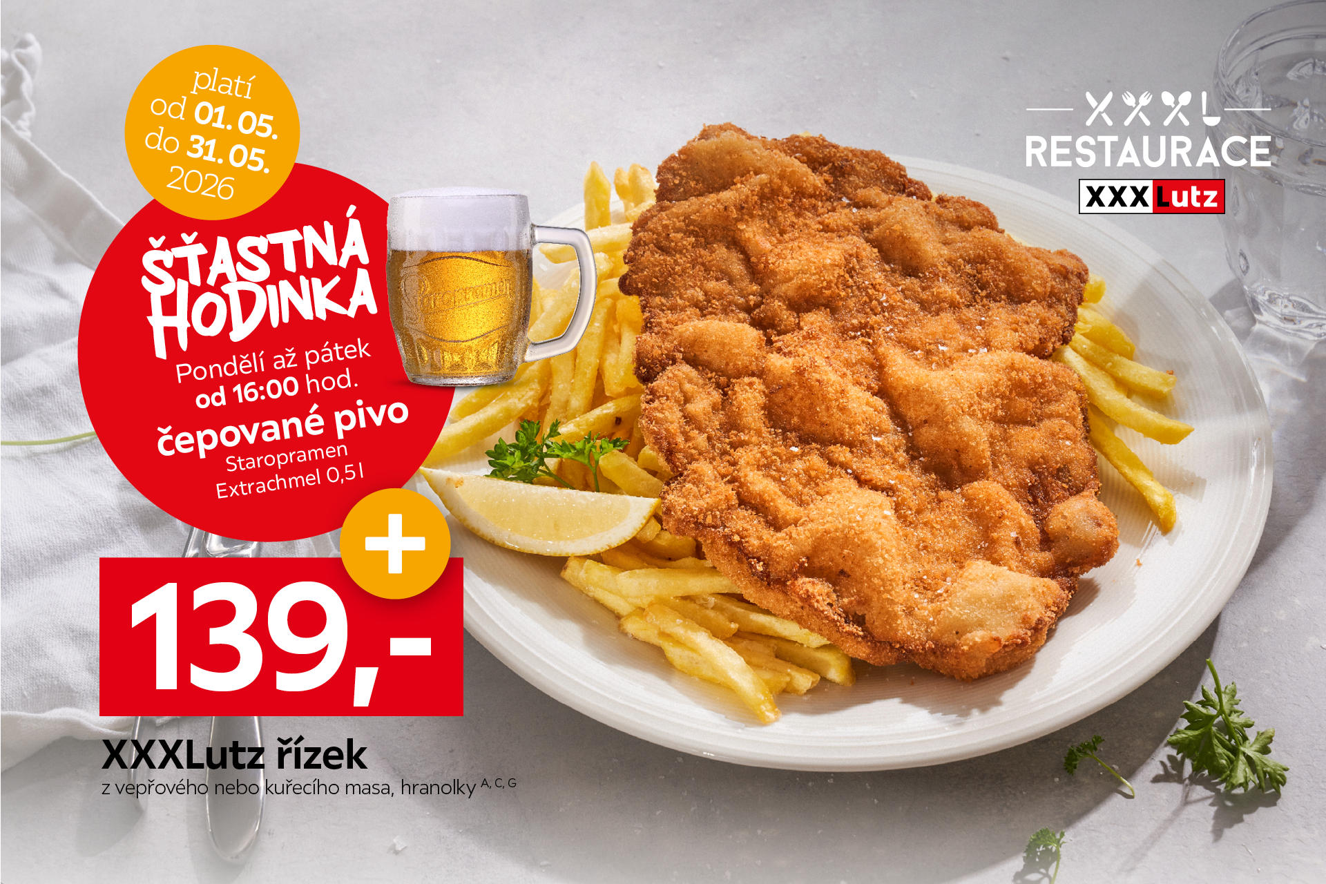 XXXLutz řízek, 139 Kč, platí od 1.-31.5., šťastná hodinka: pondělí až pátek od 16:00 čepované pivo staropramen extrachmel 0,5l