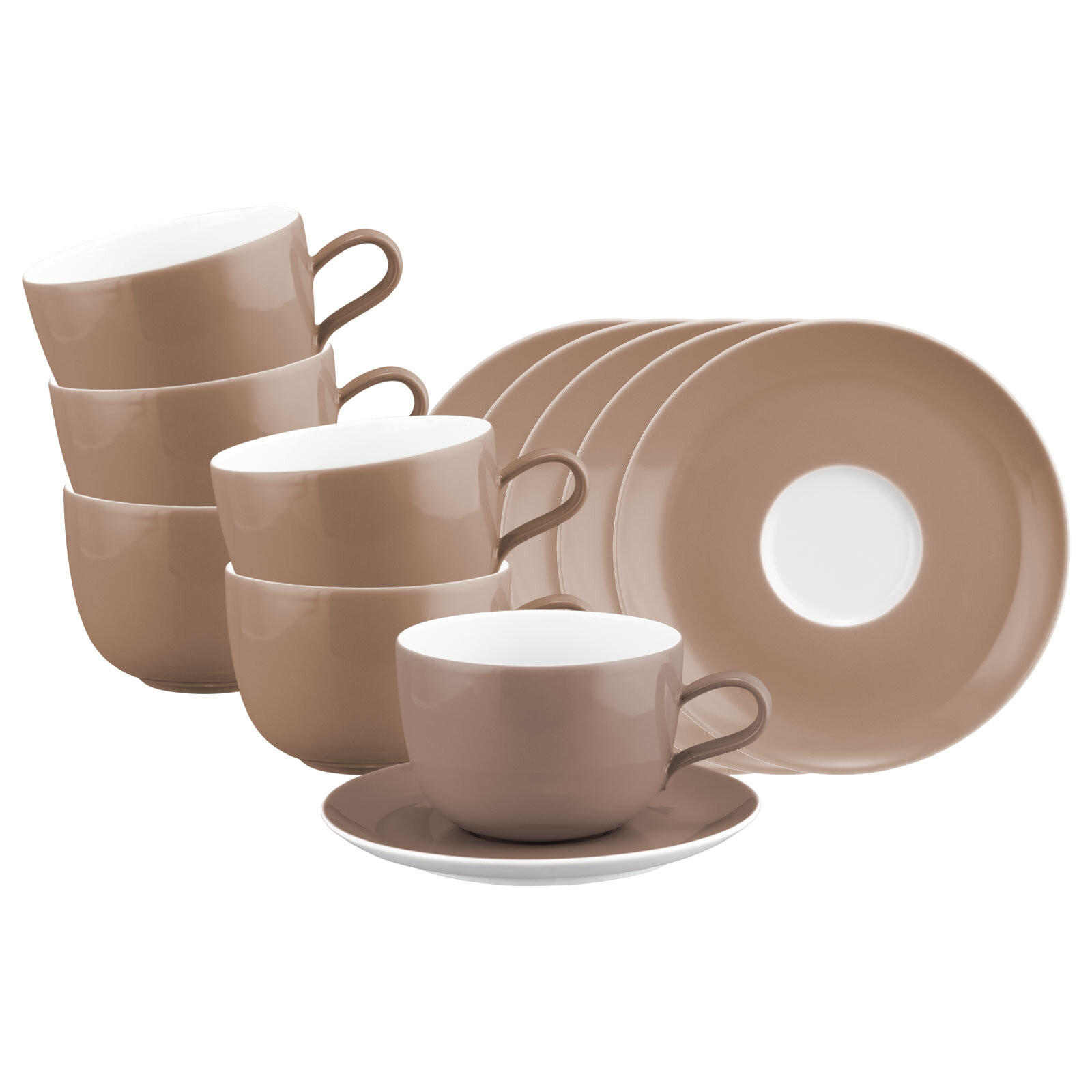 MILCHKAFFEETASSEN MIT UNTERTASSEN Liberty Pure Colors Cocoa Brown 380 ml 6er Set - Braun, Keramik (0.38L) - Seltmann Weiden