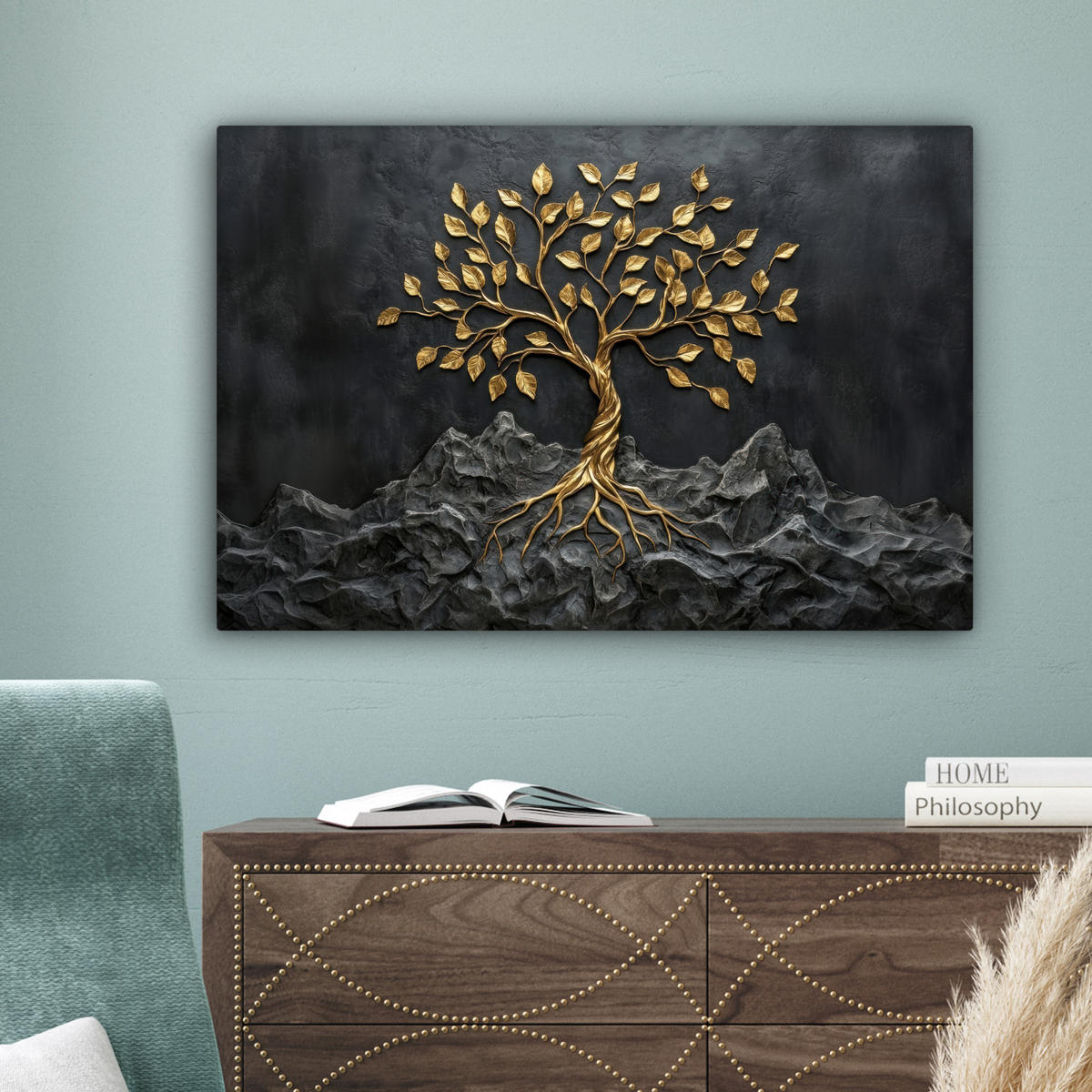 LEINWANDBILD Blätter - Gold - Baum - Fels Wanddeko 90x60 cm - Schwarz, Textil (90/60cm) - MuchoWow