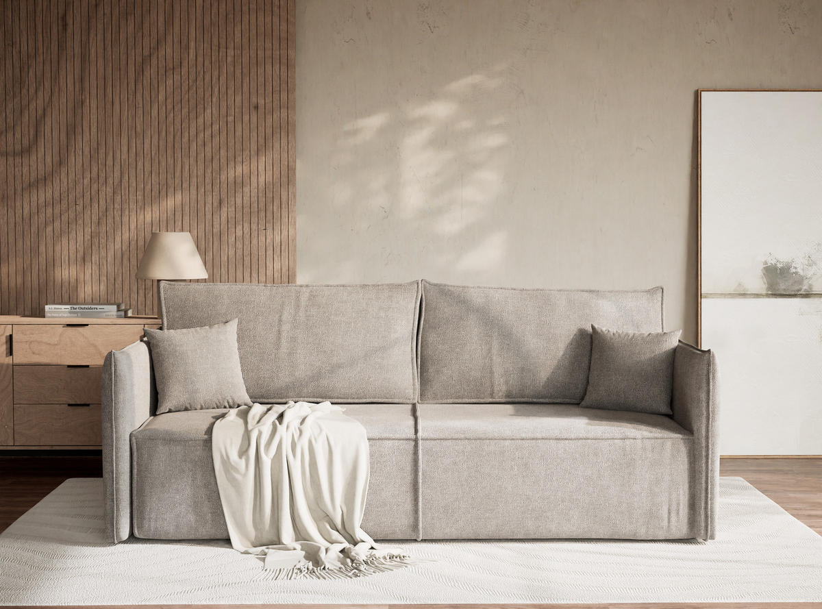 SOFA MIT SCHLAFFUNKTION Obra Beige grau Chenille-Stoff - Greige/Schwarz, Holz/Holzwerkstoff (220/70/107cm) - Maison de Reve