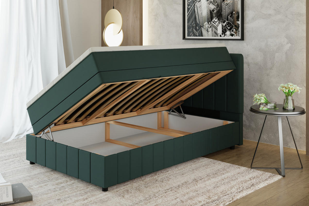 BOXBETT AVALON 120 x 200 cm mit Bettkasten und Topper - Dunkelgrün - Dunkelgrün, Holz - Panda Möbel