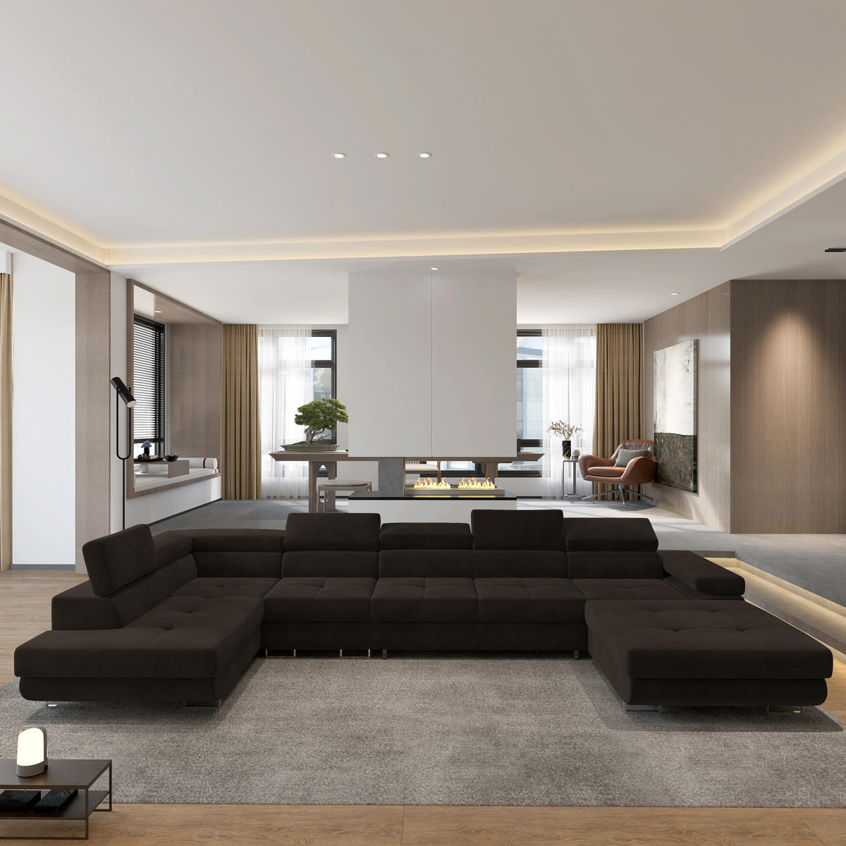 ROHOVÁ SEDAČKA VELORA hnědá - stříbrná/hnědá, kov/dřevo (419/90/202cm) - MASSENO