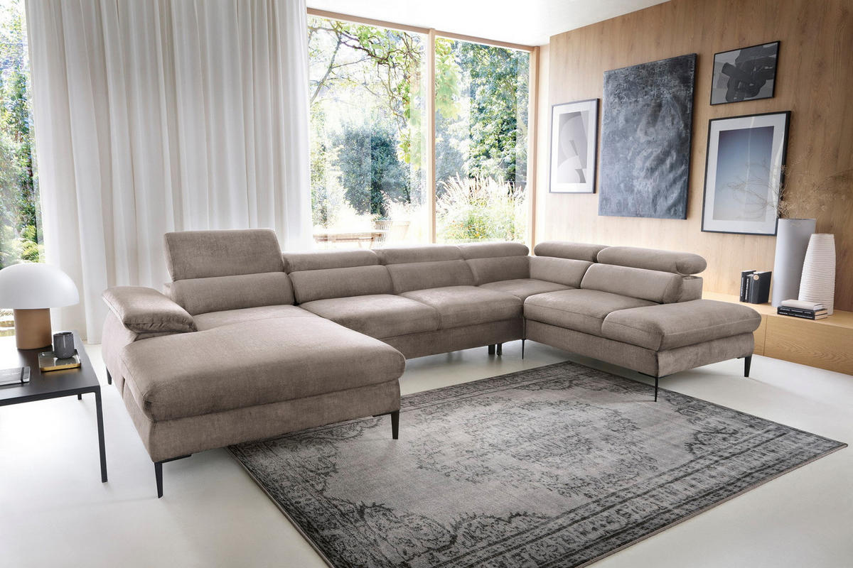 ECKSOFA U-Form 350 cm Amaro M mit Schlaffunktion, Links, Dunkelbeige - Cappuccino, Holz (214/353cm) - Emporius