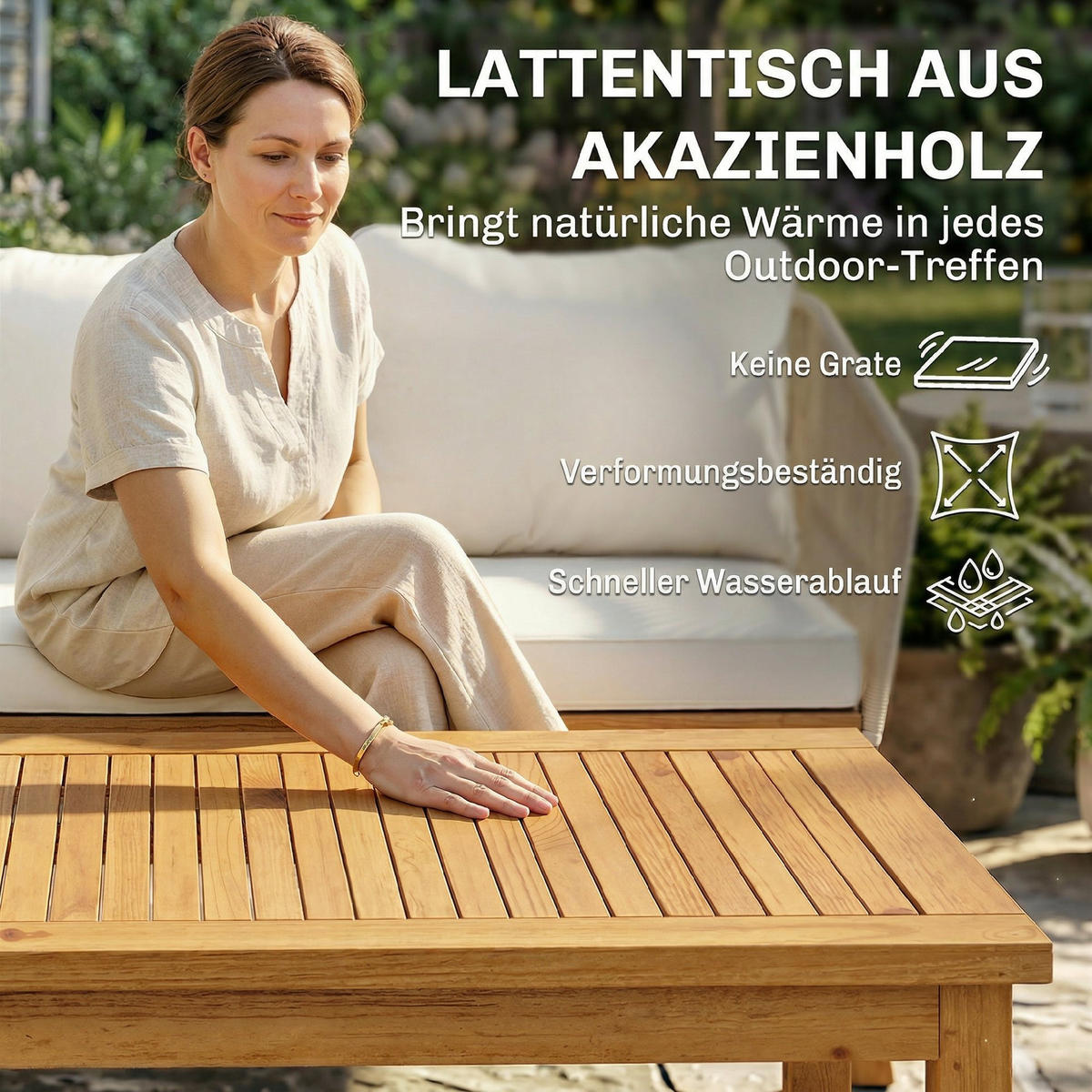 RATTAN-GARTENMÖBEL-SET 4er Set PP-Rattan Stahl Cremeweiß - Creme/Akaziefarben, Kunststoff/Textil - Outsunny