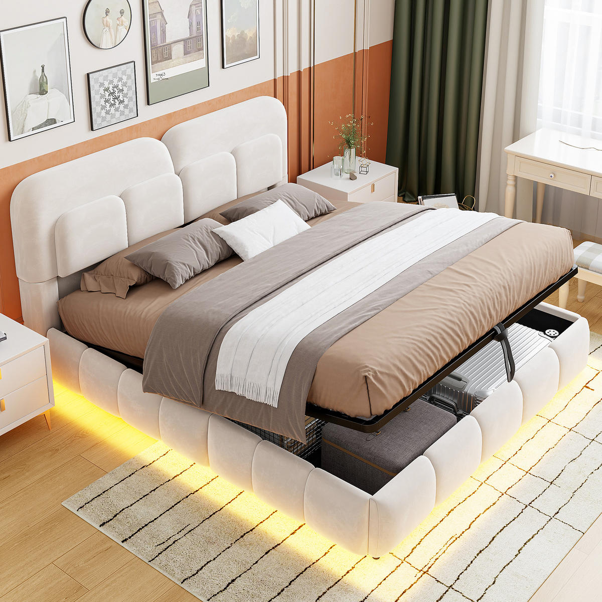 POLSTERBETT 140/200 cm in Beige mit Bettkasten, LED und Samt - Beige, Holzwerkstoff/Textil (140/200cm) - STILVORA