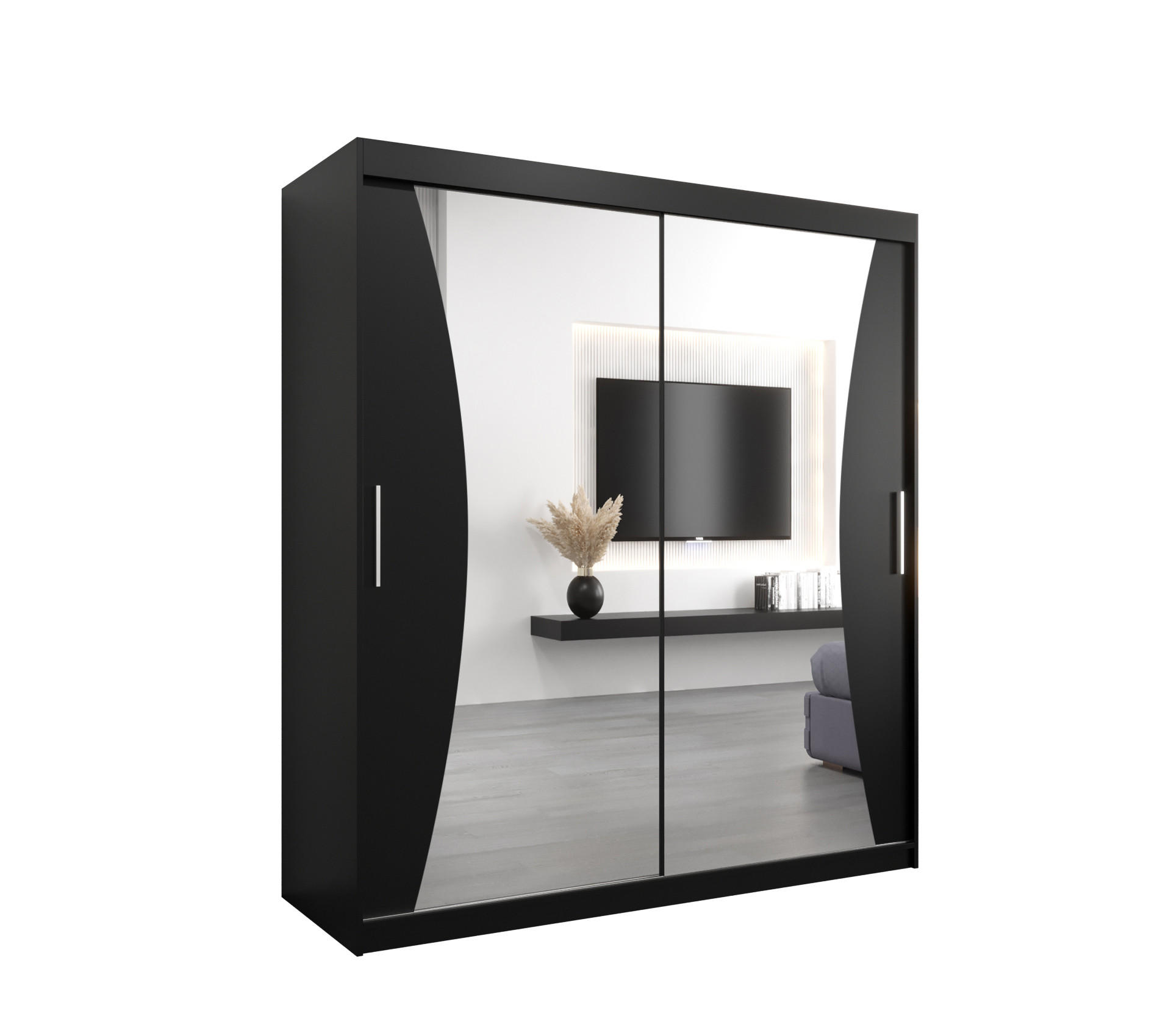Möbel Kryspol Schwebetürenschrank Schwarz, Schwarz 180x200x62 cm