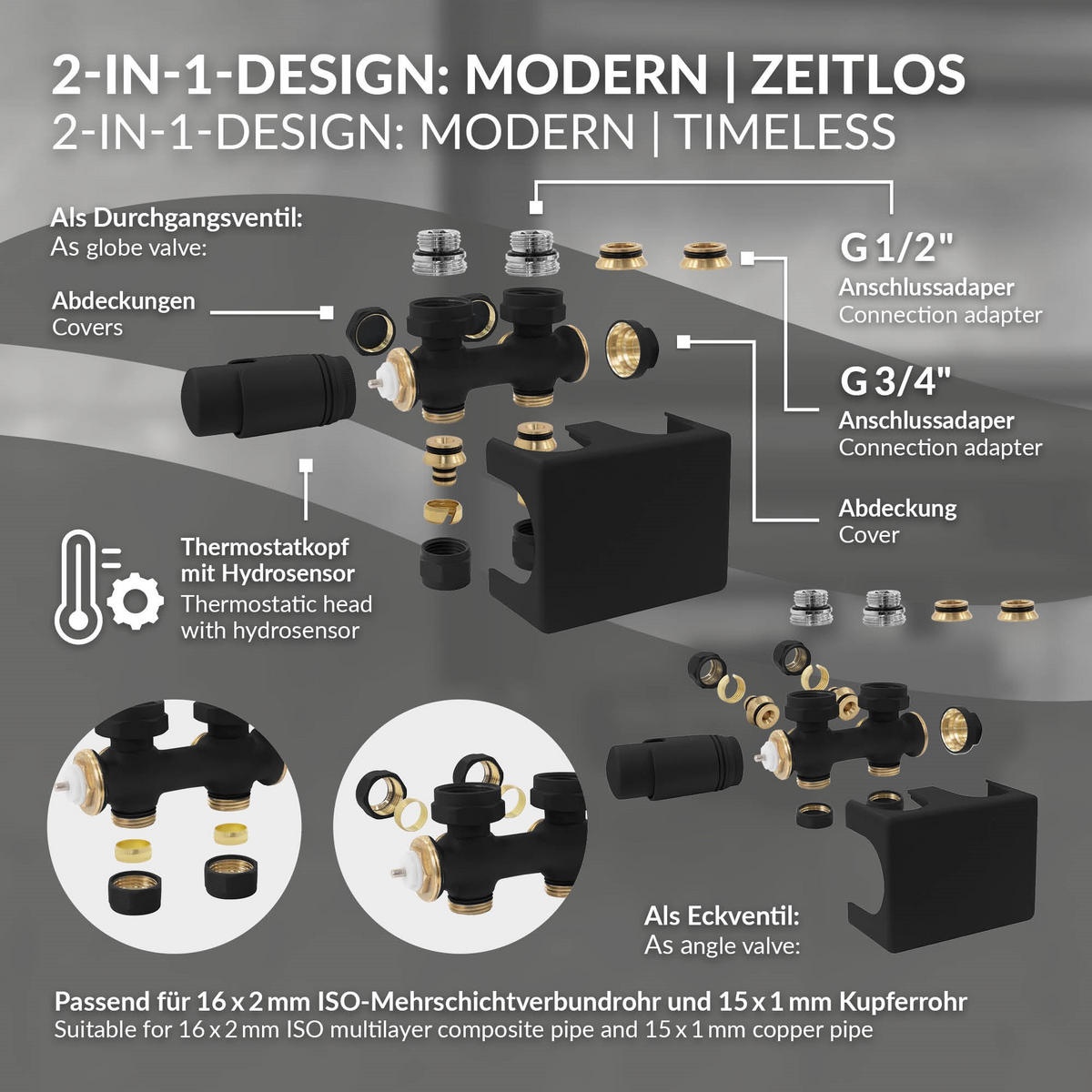 ANSCHLUSSGARNITUR Badheizkörper Schwarz - Schwarz, Metall - LuxeBath