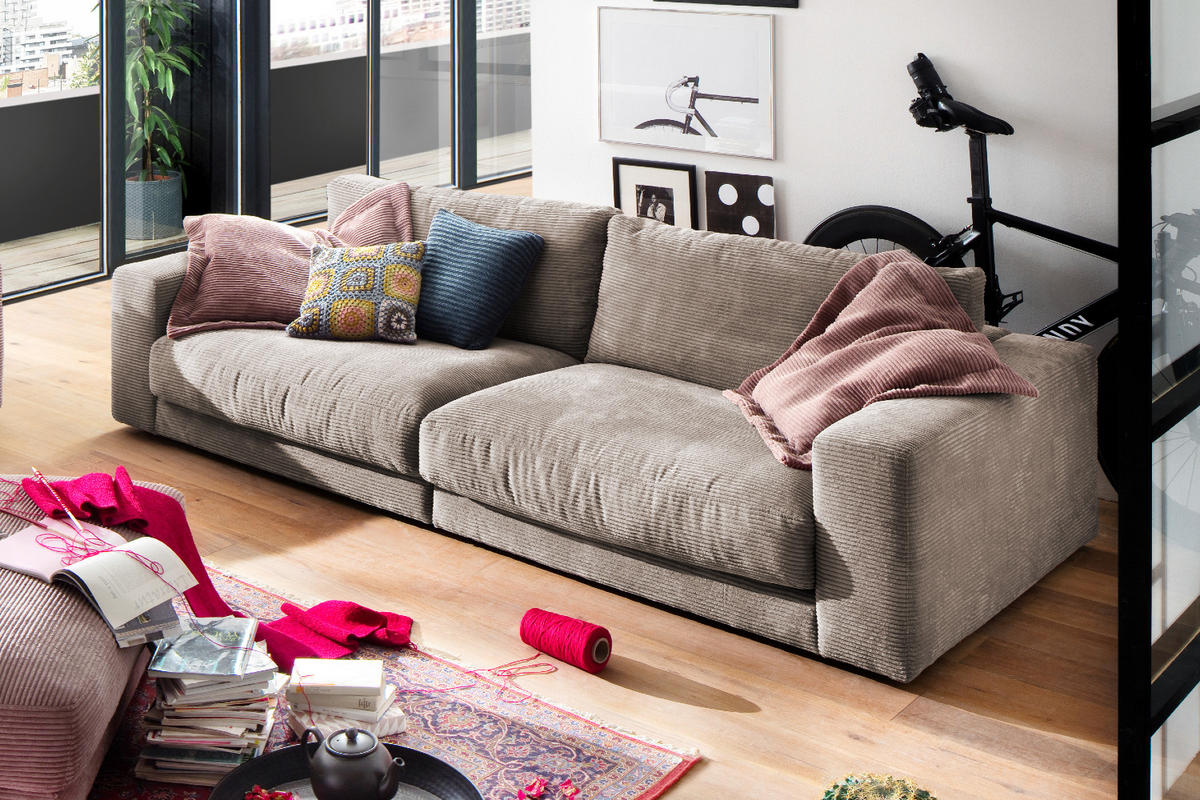 SOFA 3-SITZER MADELINE Taupe Cord - Taupe/Schwarz, Textil (290/85/127cm) - KAWOLA