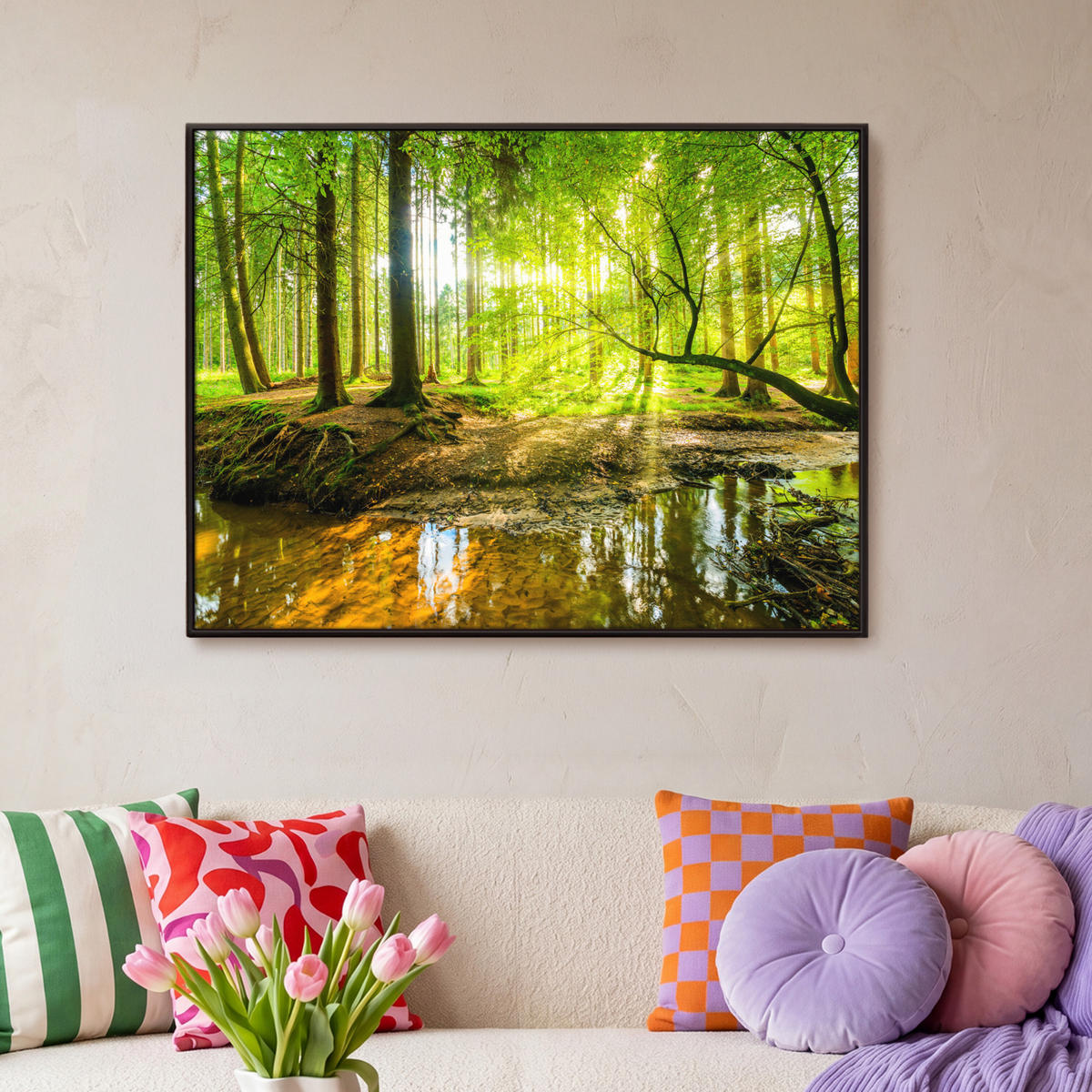LEINWAND Bilder mit Rahmen - Wald - Landschaft - Wasser - Bäume - Sonne - Grün - Natur - 100x70 - Grün, Textil (100/70cm) - MuchoWow