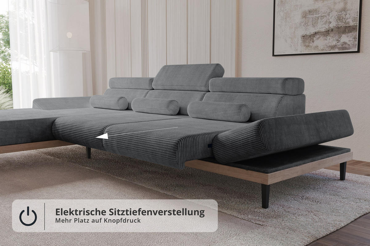 ELEKTRISCHES ECKSOFA Links MONA 316x205x85 Dunkelgrau Cord - Dunkelgrau, Holzwerkstoff/Textil (316/205cm) - ALTDECOR