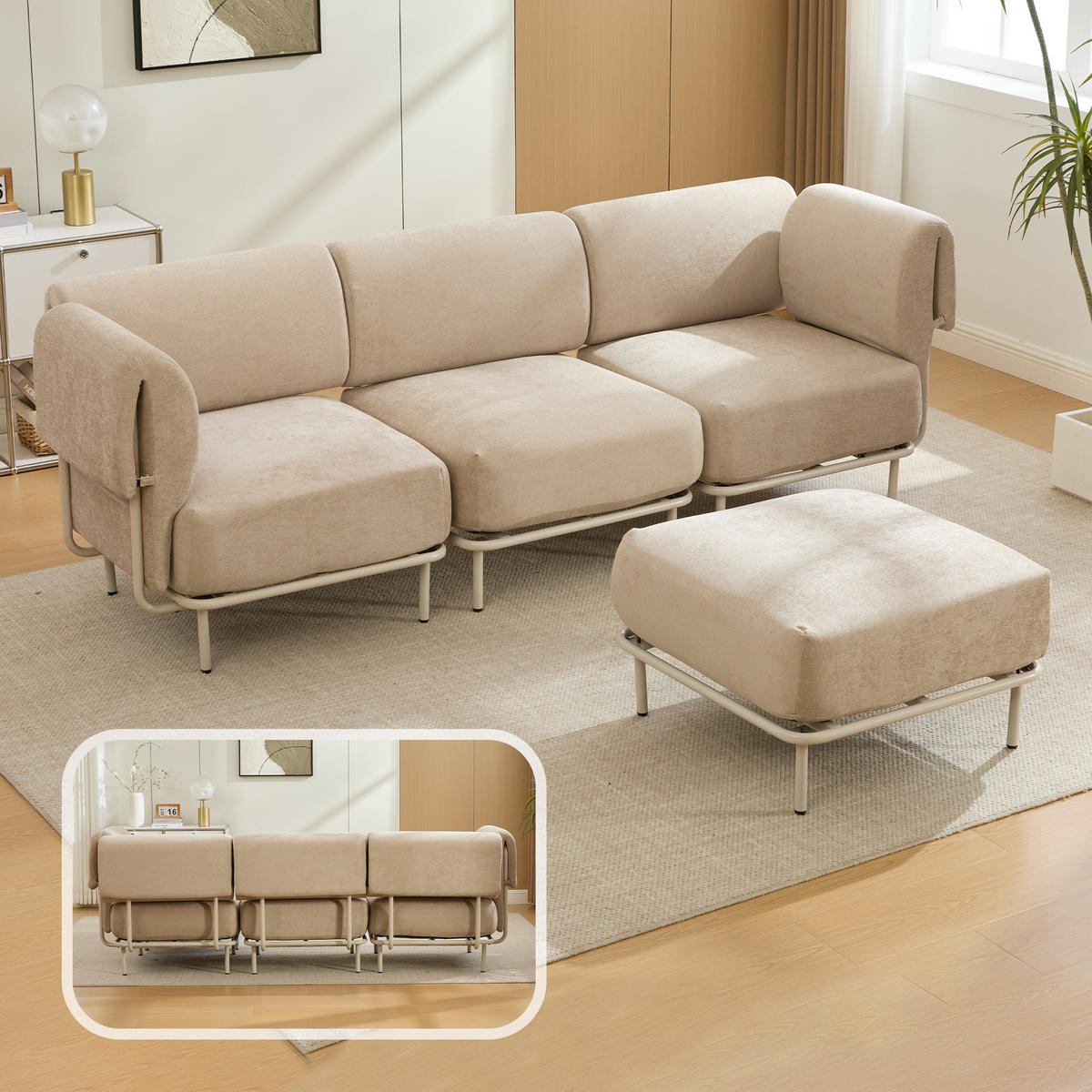 ECKSOFA 251/155/78 cm Khaki Chenille mit 1 Fußhocker - Kaschmir/Olivgrün, Textil (155/251cm) - Oxeza