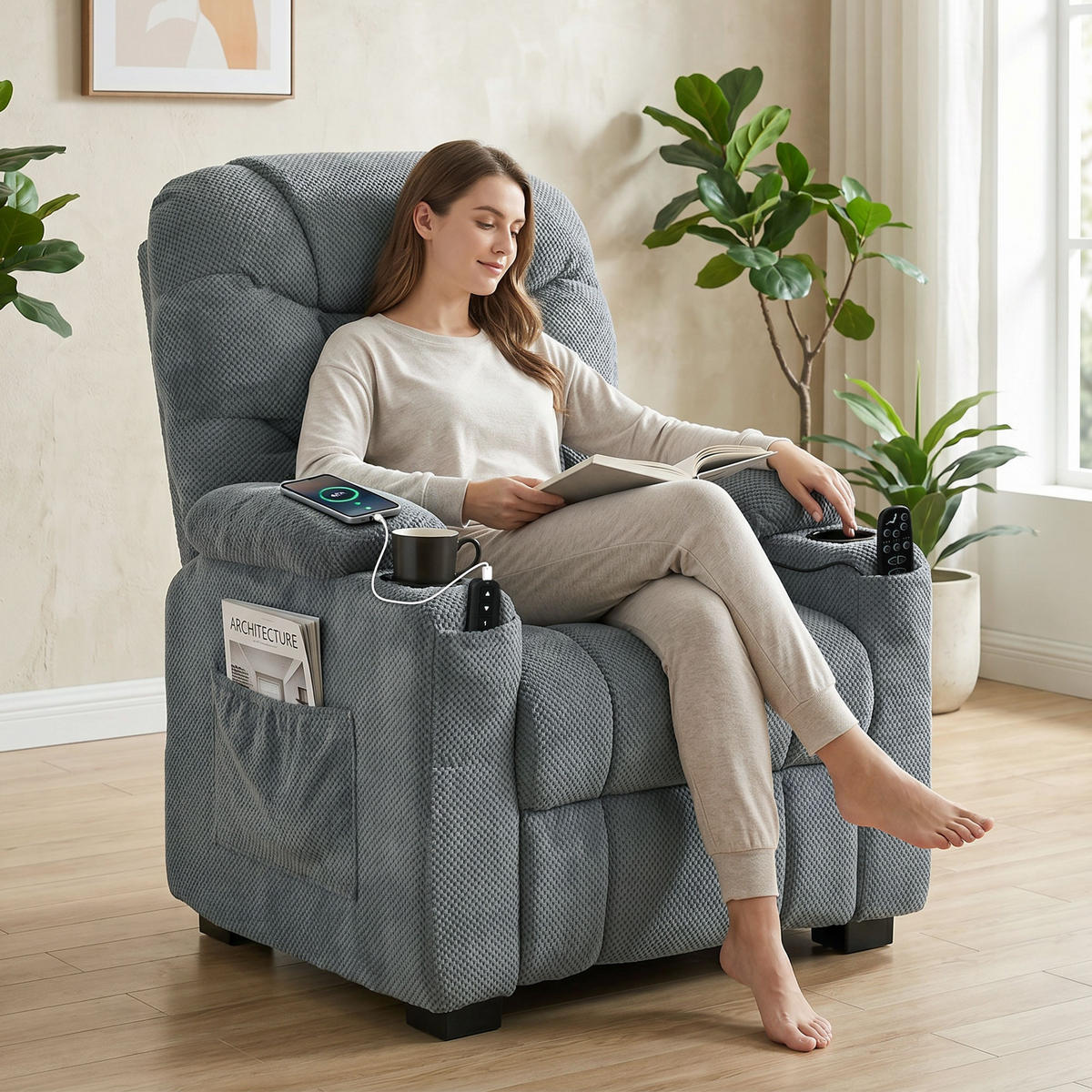 ELEKTRISCHER-RELAXSESSEL Samt Metall Dunkelgrau - Dunkelgrau/Schwarz, Textil/Metall (90/105/96cm) - HOMCOM