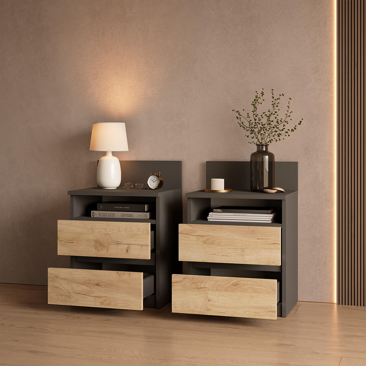 NACHTTISCH Roya, Anthrazit/Goldkraft Eiche, 2-teilig - Honigeiche/Anthrazit, Holzwerkstoff (39.6/59.1/32.3cm) - Livinity®