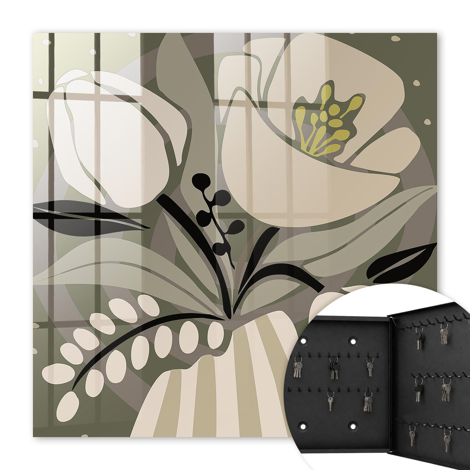 SCHLÜSSELBOX Schwarz 30x30 cm- Türöffnung nach rechts - Beige Blüten - Beige, Metall (30/30/5cm) - TULUP