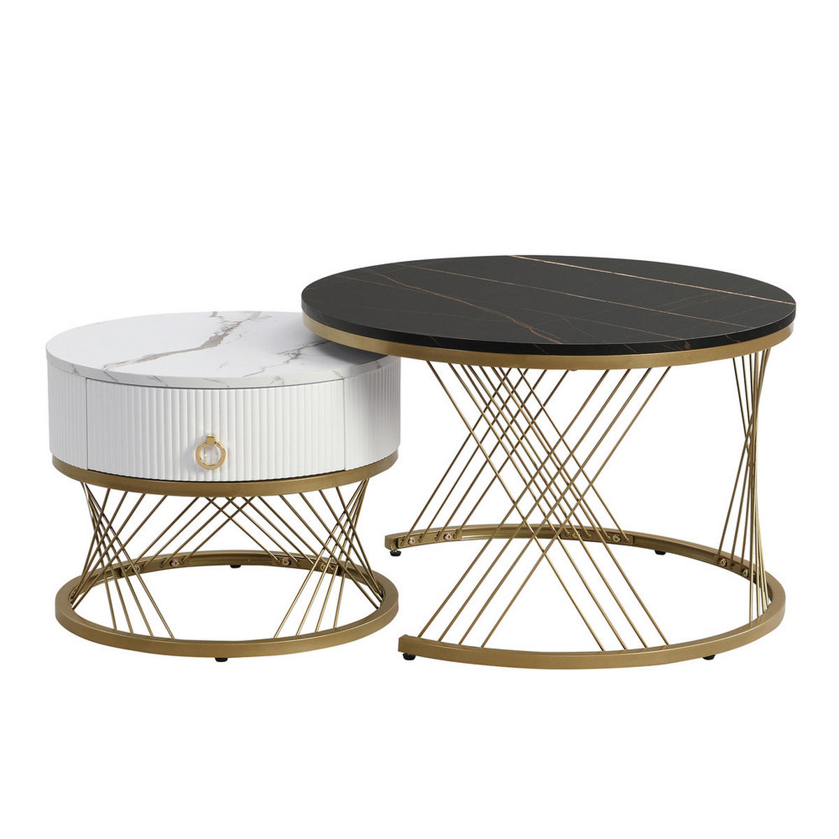 COUCHTISCH SET 2-TEILIG Marmoroptik Golddekor mit Schubladen - Schwarz, Holz (78/76.5/28cm) - FLIEKS