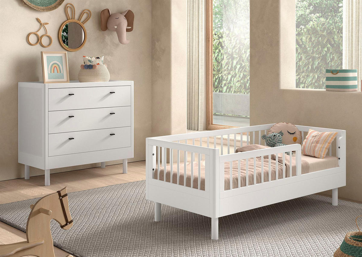 JUNIORBETT SET 70x140 Keeley Buche Weiß Holz Kommode Komfort Stabil - Weiß, Holz (74/60/144cm) - 58aufmkessel