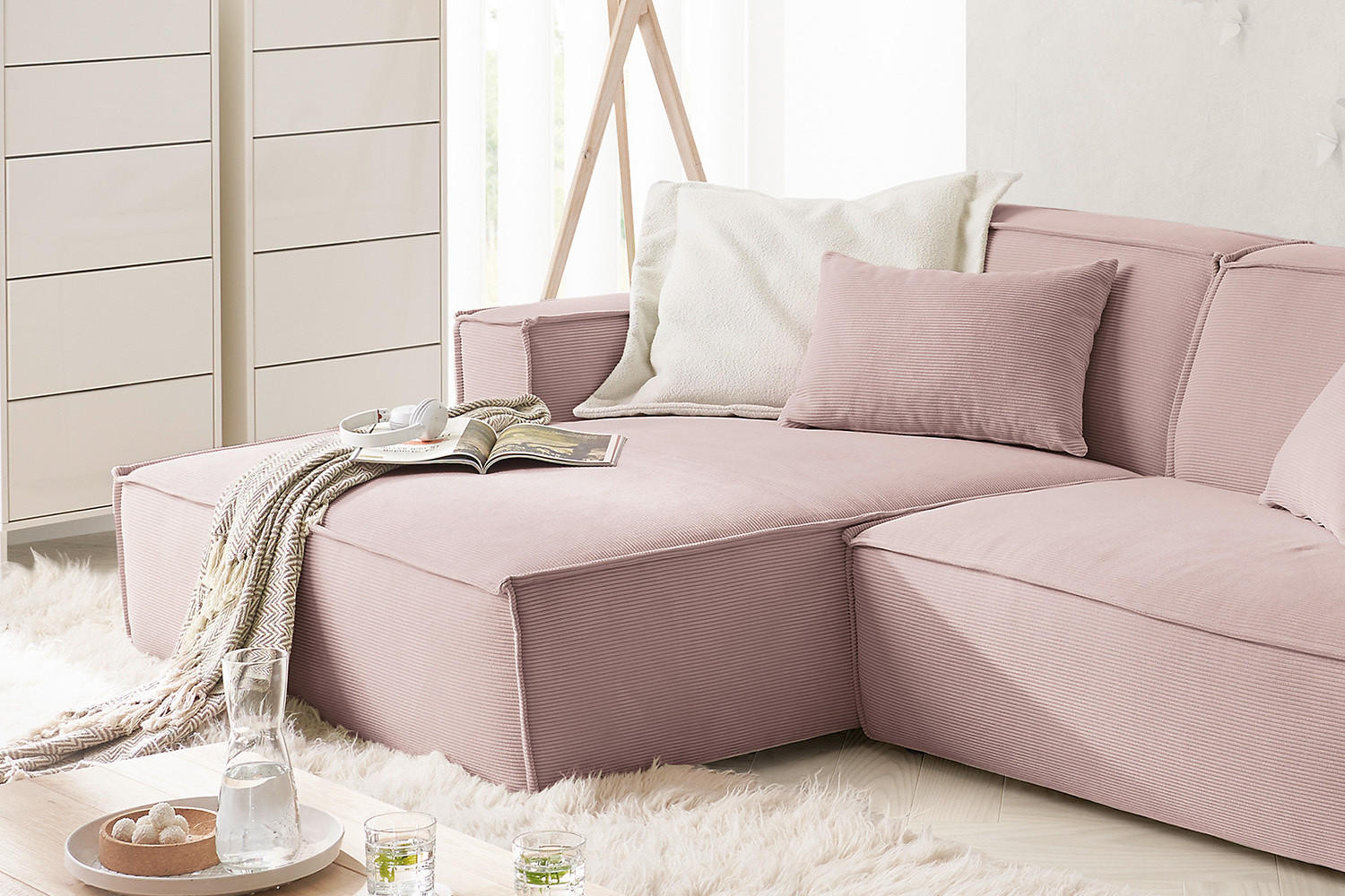 ECKSOFA SAMU Pink Cord - Pink/Schwarz, Textil (276/168cm) - KAWOLA