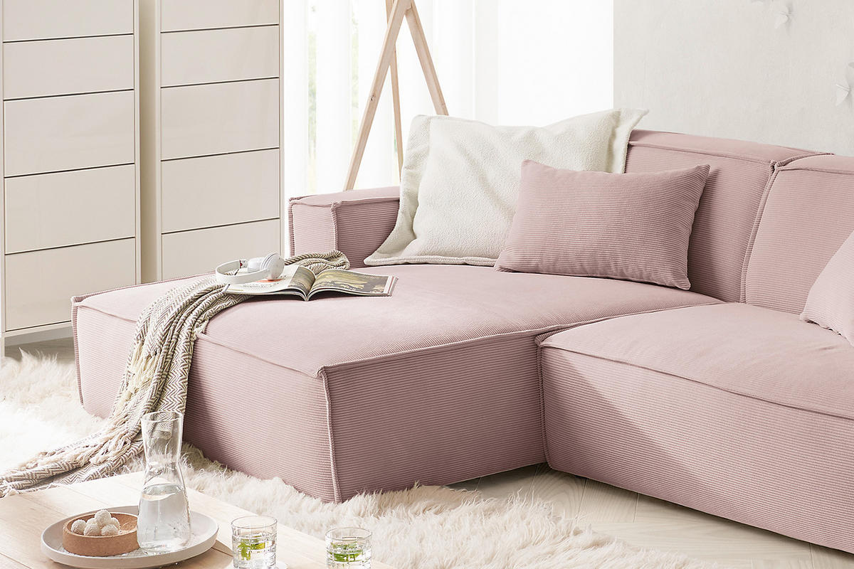 ECKSOFA SAMU Pink Cord - Pink/Schwarz, Textil (276/168cm) - KAWOLA
