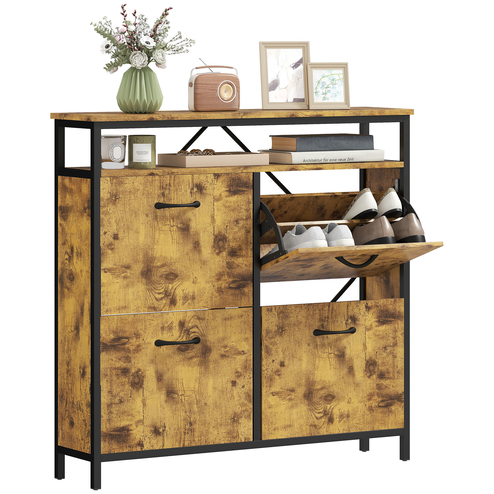 SCHUHSCHRANK mit 4 Klappen Schmal Schuhkipper mit Verstellbar Trennwand Braun - Schwarz/Braun, Holzwerkstoff/Metall (24/95/98cm) - HOMCOM