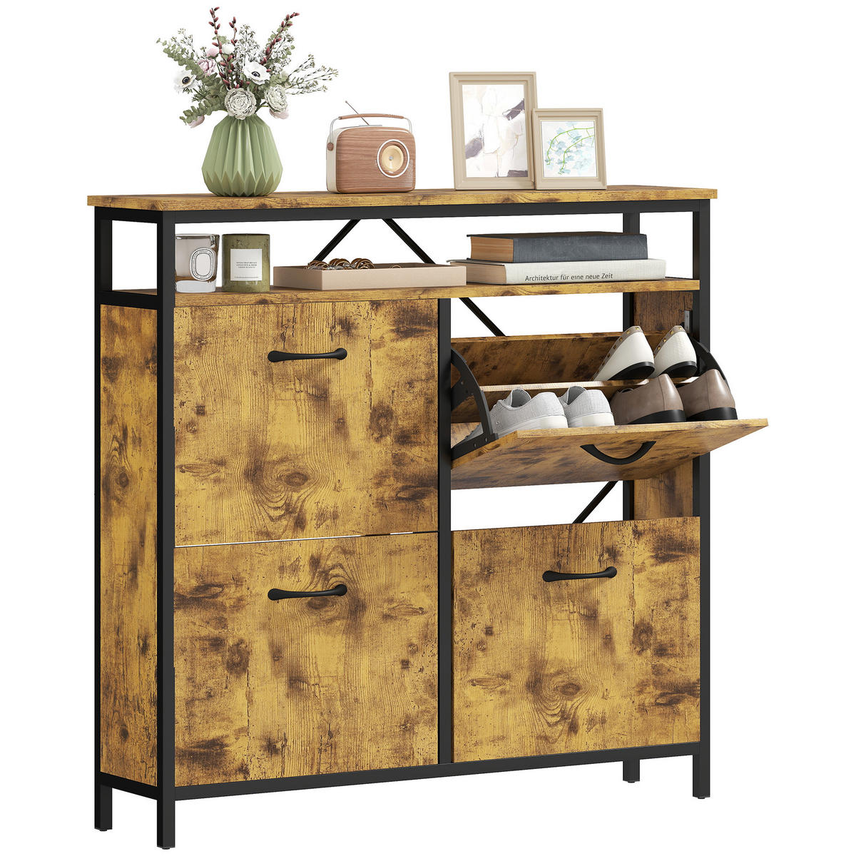 SCHUHSCHRANK mit 4 Klappen Schmal Schuhkipper mit Verstellbar Trennwand Braun - Schwarz/Braun, Holzwerkstoff/Metall (24/95/98cm) - HOMCOM