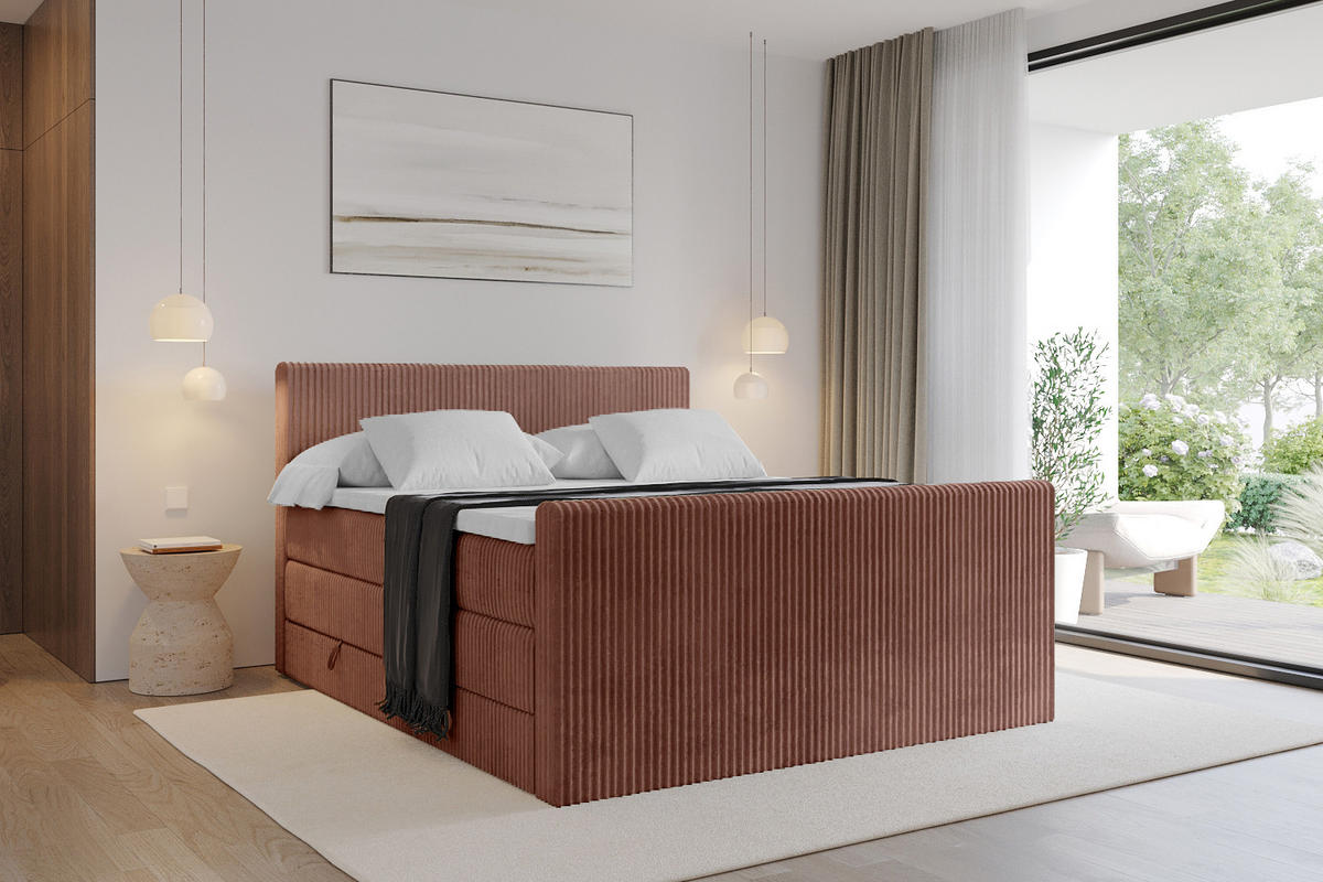 BOXSPRINGBETT mit Matratze H3|H4 und Lattenrost - TOLO-Z KING 200x200 Cord - Ziegelrot - Rostfarben, Holzwerkstoff (200/200cm) - ALTDECOR