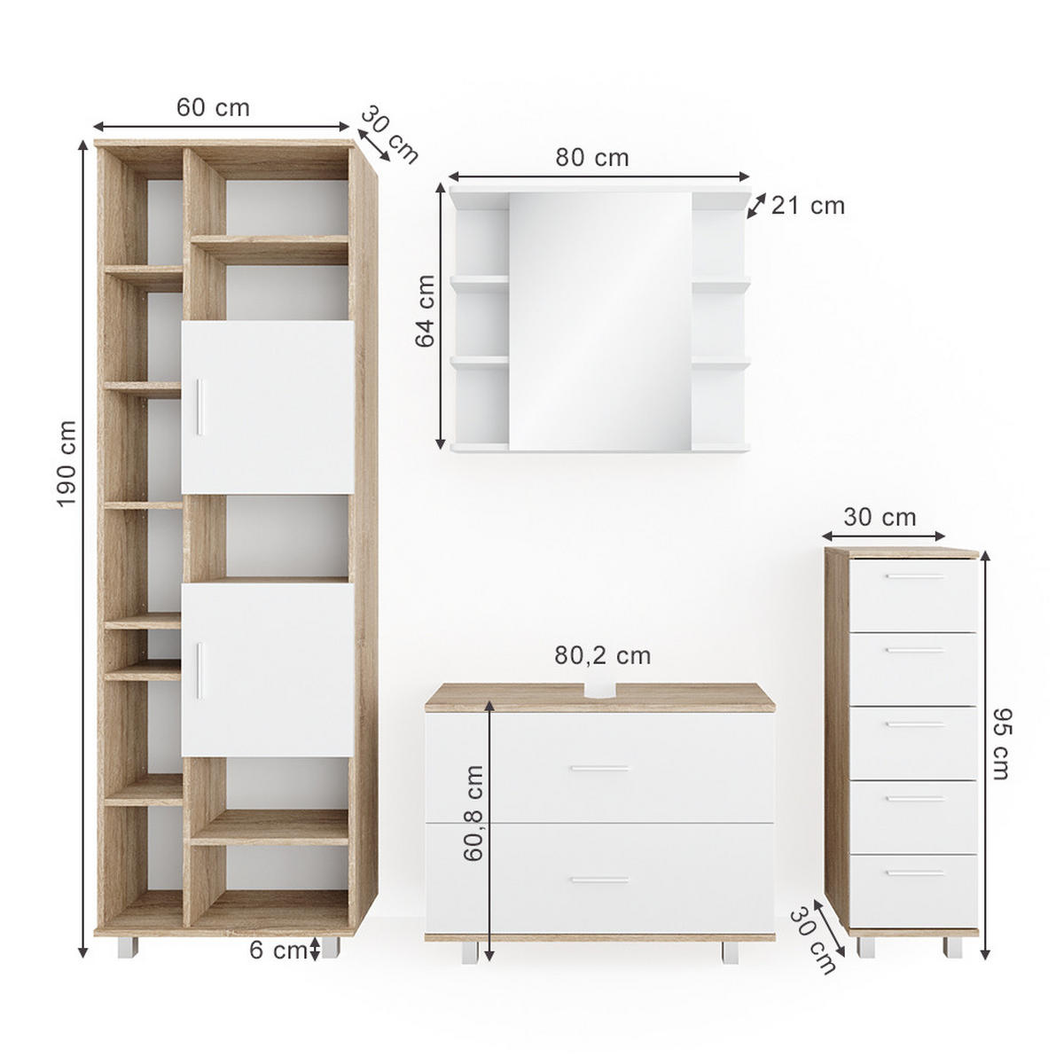 BADMÖBEL-SET Ilias Weiß/Sonoma 4 Teile, mit Hochschrank - Weiß/Sonoma Eiche, Holzwerkstoff (80.2/60.8/33cm) - Vicco