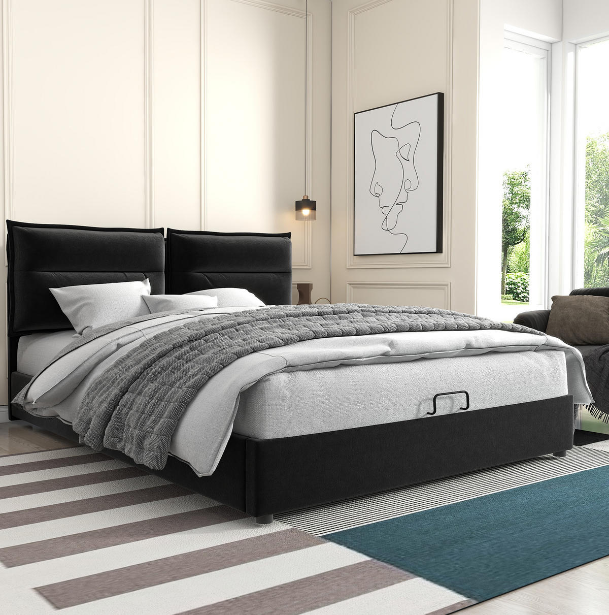 SAMT-POLSTERBETT 140/200 cm mit Bettkasten und verstellbarem Kopfteil - Schwarz, Textil (140/200cm) - BEAOK