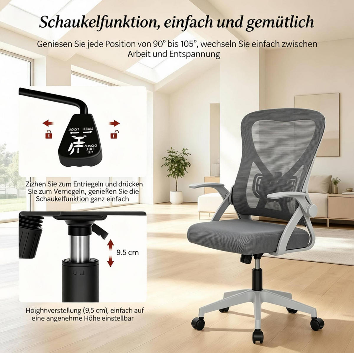 BÜROSTUHL in Grau 42x47x111,5 cm mit klappbaren Armlehnen und verstellbarer Rückenlehne - Grau, Kunststoff (47/111.5/42cm) - IVMEU