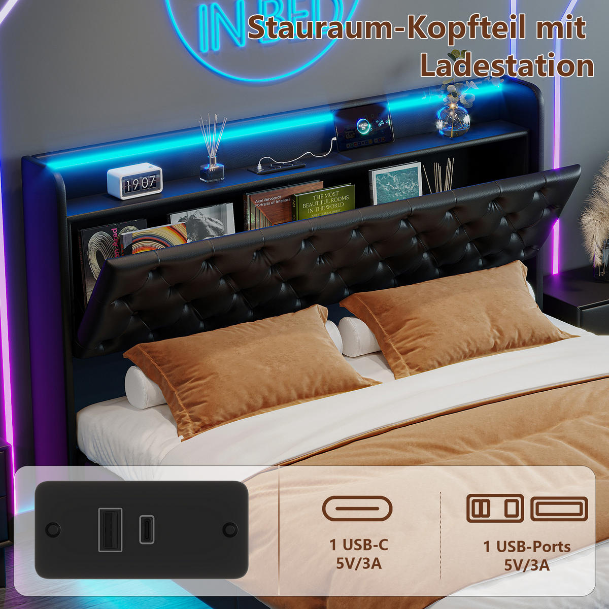 POLSTERBETT 160x200 cm Schwarz PU LED USB Stauraum - Schwarz, Metall (160/200cm) - SHOPENTRA