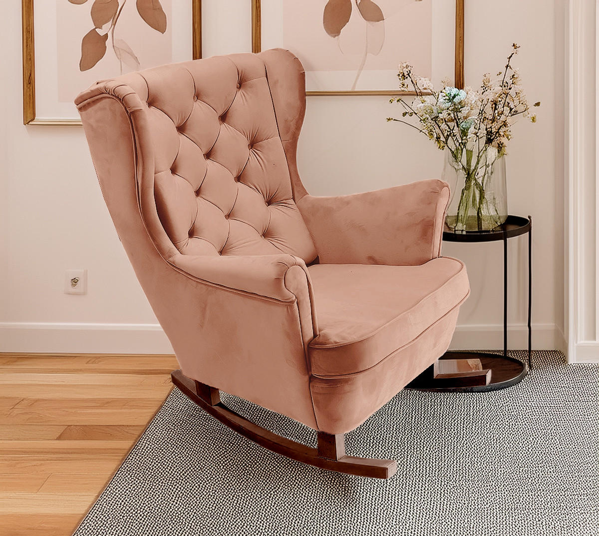 SCHAUKELSESSEL mit gepolstertem Sitz und Armlehnen, 102x81x95 cm, Powder Pink_29830 - Braun/Rosa, Holz/Textil (81/102/95cm) - DomoHome