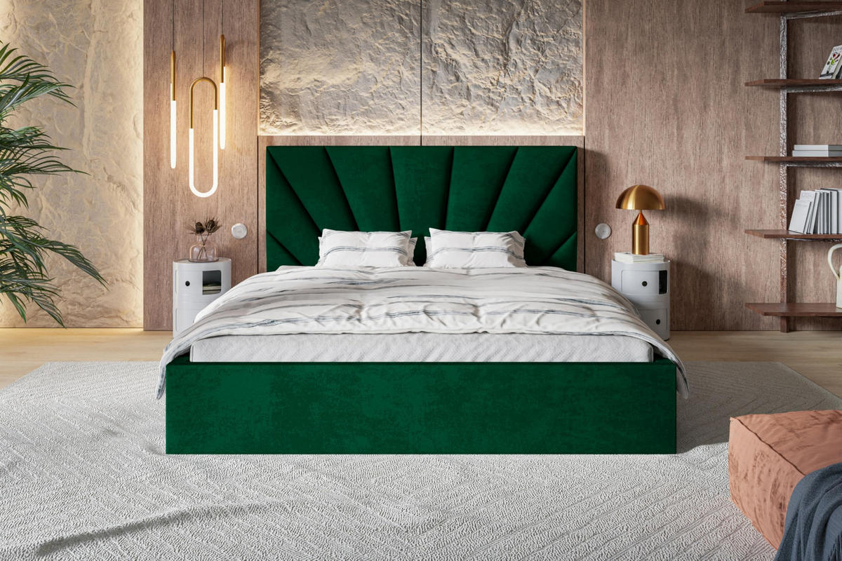 BETT 90x200 - Polsterbett mit Bettkasten und Metallrahmen - Modern Betten - Glatter Kronos-Stoff- Kollektion Denver, Grün - Grün, Holz/Textil (90/200cm) - Alpi-Möbel