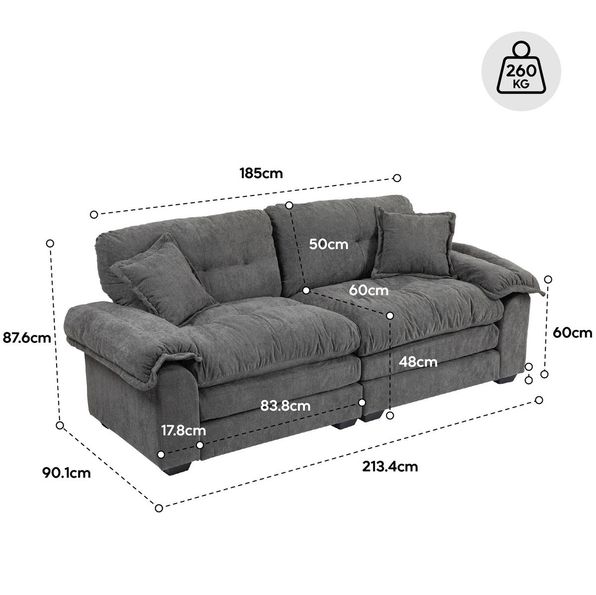 2-SITZER Sofa Chenille mit tiefem Sitz, Doppelschicht-Sitzkissen 213,4/90,1/87,6 cm Grün - Grün, Textil (90.1/87.6/213.4cm) - Redom