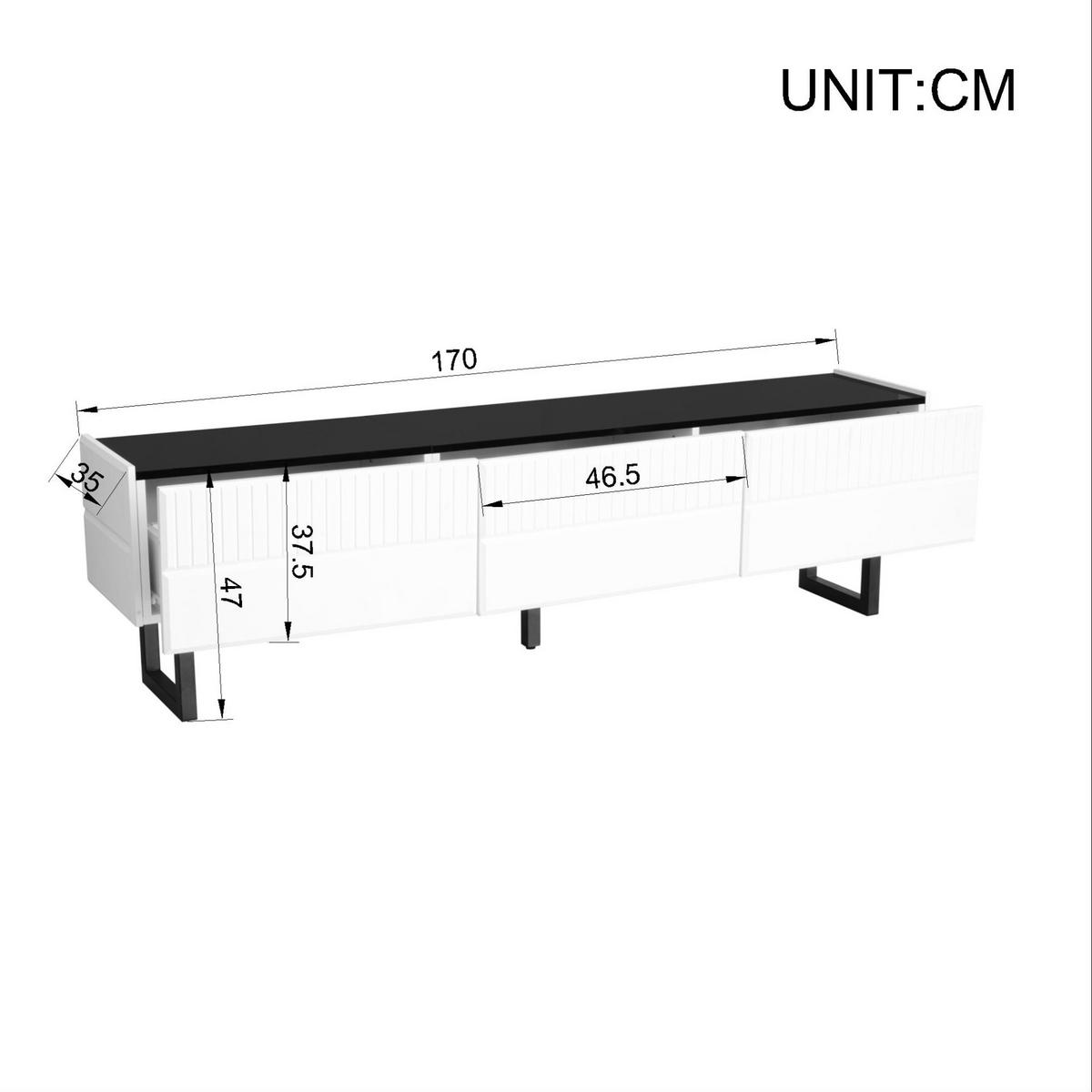 TV-LOWBOARD aus MDF und Spanplatte 170x35x47 cm Schwarz/Weiß mit 3 Schubladen und Hochglanzoberfläche - Schwarz, Holzwerkstoff (170/47/35cm) - Modfu