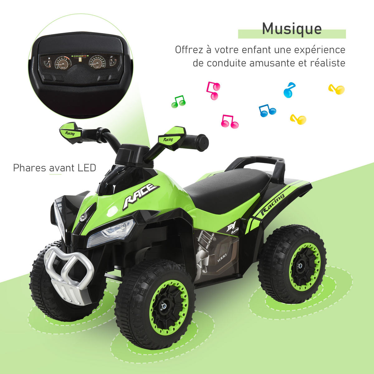 KINDERQUAD DE-16951 LED-Licht & Sound Grün/Schwarz - Grün, Kunststoff (67/38/44cm) - ComfortXL
