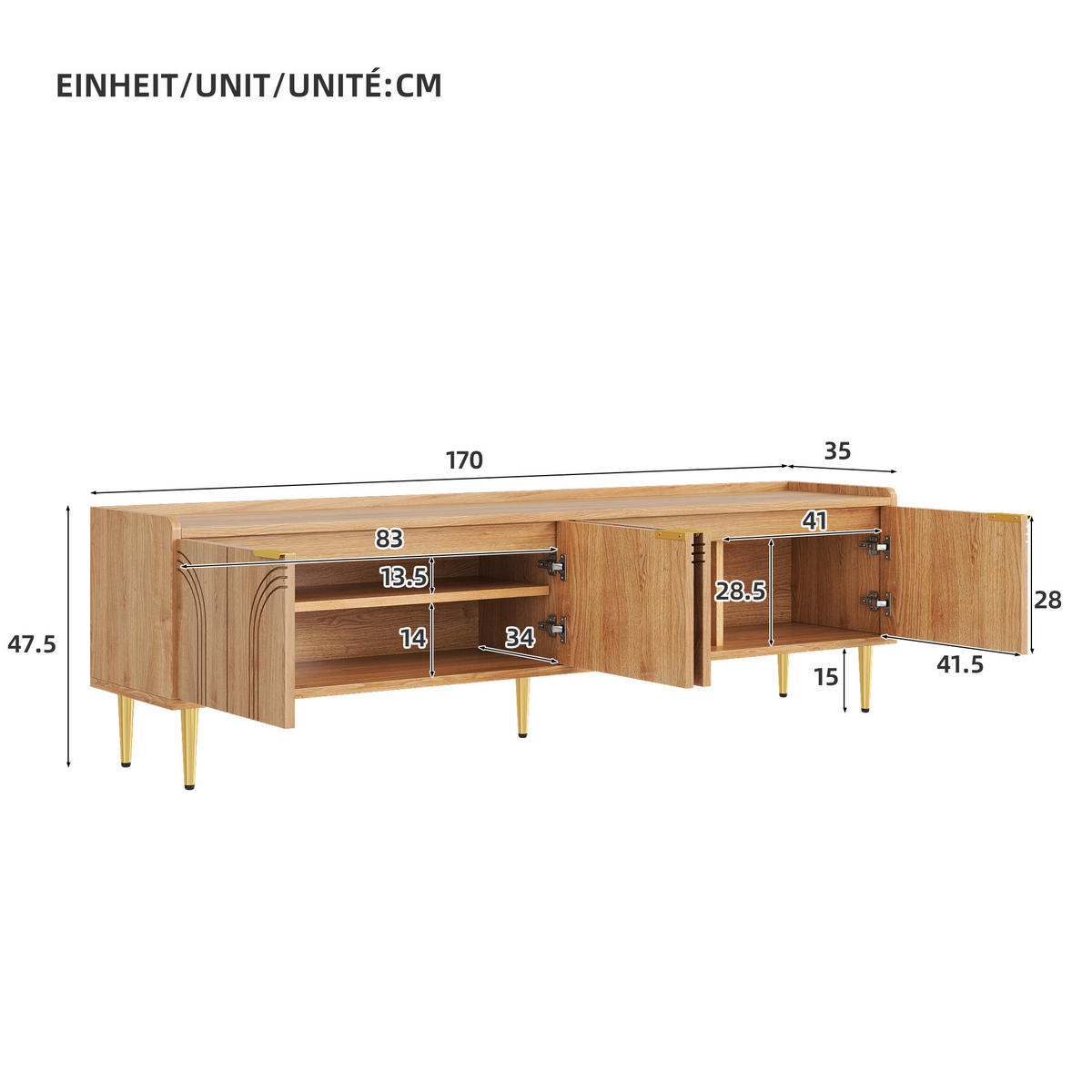 TV-SCHRANK 170cm strukturierte Tür Goldgriffe modern - Naturfarben, Holzwerkstoff (35/47.5/170cm) - FLIEKS