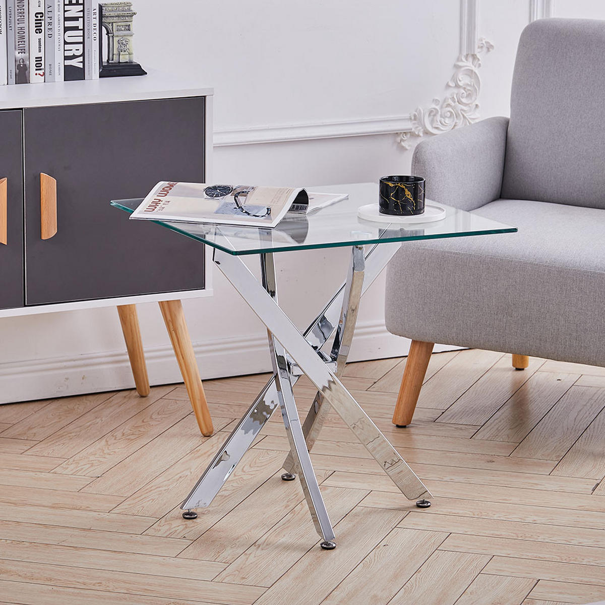 BEISTELLTISCH aus Glas mit Metalbeine Quadratisch Langfristige Nutzung Schnelle Montage Leicht zu reinigen 55 x 55 x 55 cm - Chromfarben/Transparent, Glas/Metall (55/55/55cm) - Livingandhome