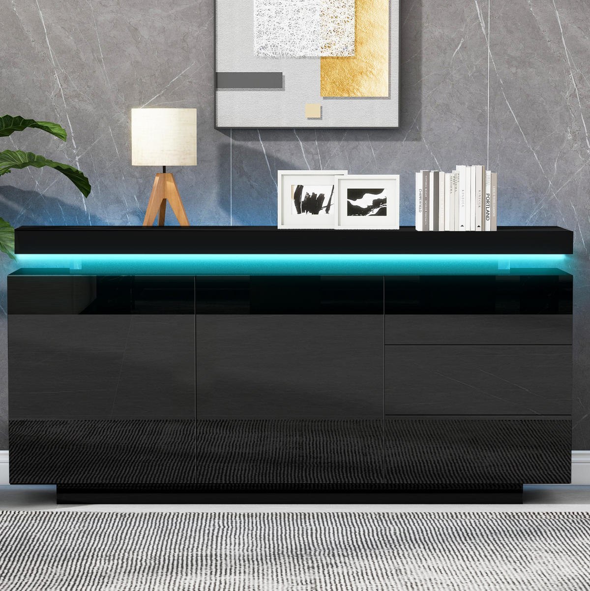 NISKA komoda s LED rasvjetom 140 cm, crna, visok sjaj - crna, drvni materijal (38/72/140cm) - Flora Grace