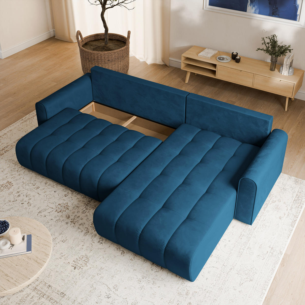 ECKSOFA FRIGA Blau Velours-Stoff mit Schlaffunktion - Blau, Holz (283/185cm) - MASSENO