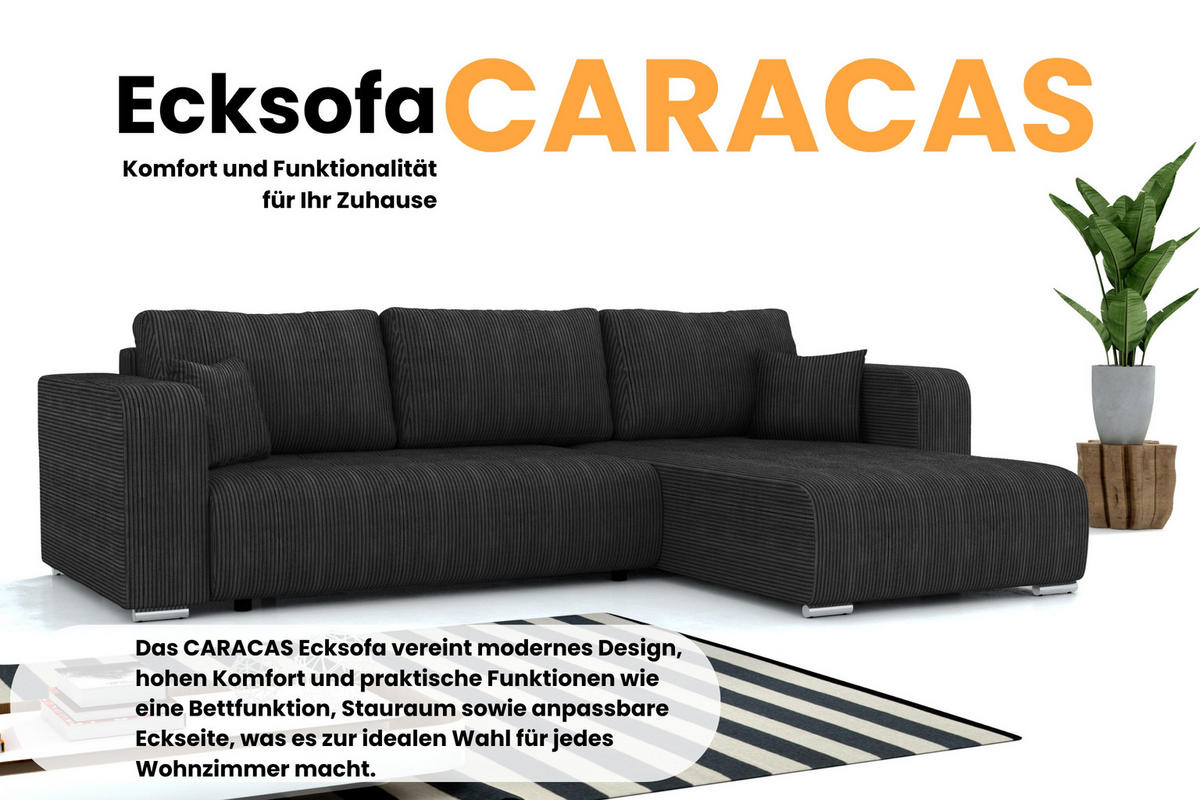 ECKSOFA CARACAS 288/185 in Cord Schwarz mit Schlaffunktion rechts - Schwarz, Holz/Holzwerkstoff (288/185cm) - Deine Möbel 24