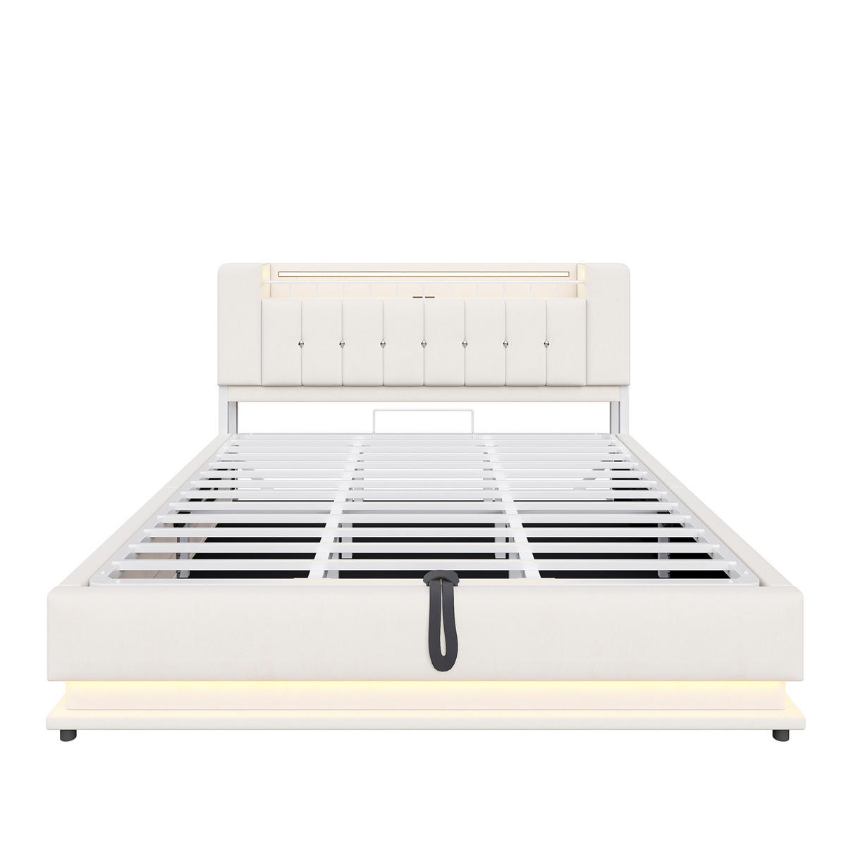 ČALÚNENÁ posteľ z MDF, kovu a látky 180x200 cm béžová s LED osvetlením, USB a hydraulickým úložným priestorom - béžová, textil (180/200cm) - Modfu