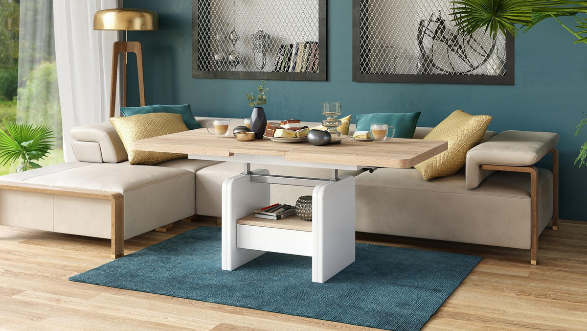 COUCHTISCH rechteckig Sonoma Eiche - Weiß höhenverstellbar ausziehbar - Weiß/Sonoma Eiche, Holzwerkstoff (75/180/75cm) - designimpex