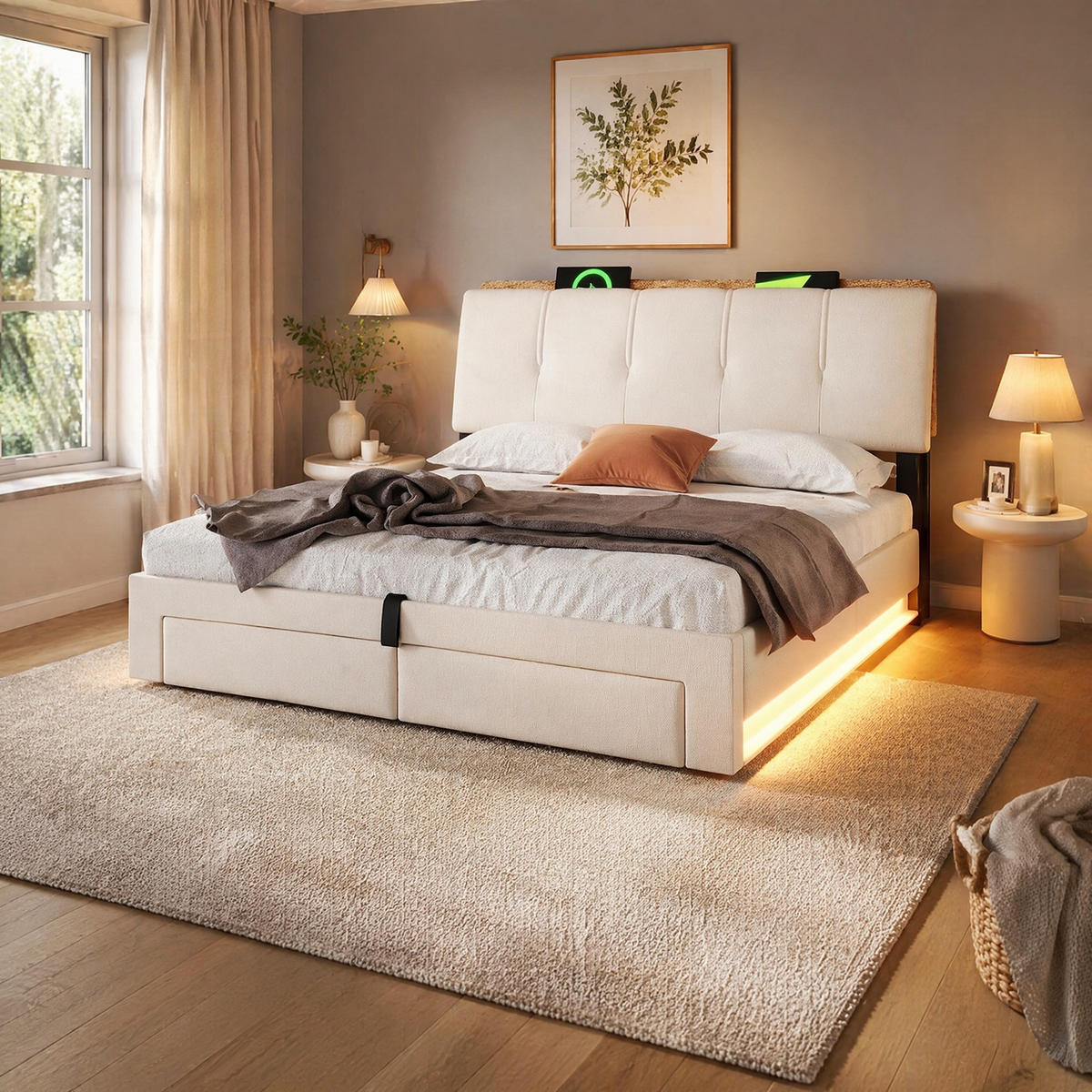 POLSTERBETT 140/200 mit Stauraum, Schubladen und gepolstertem Kopfteil in Beige - Beige, Holzwerkstoff/Textil (140/200cm) - EVRYAE