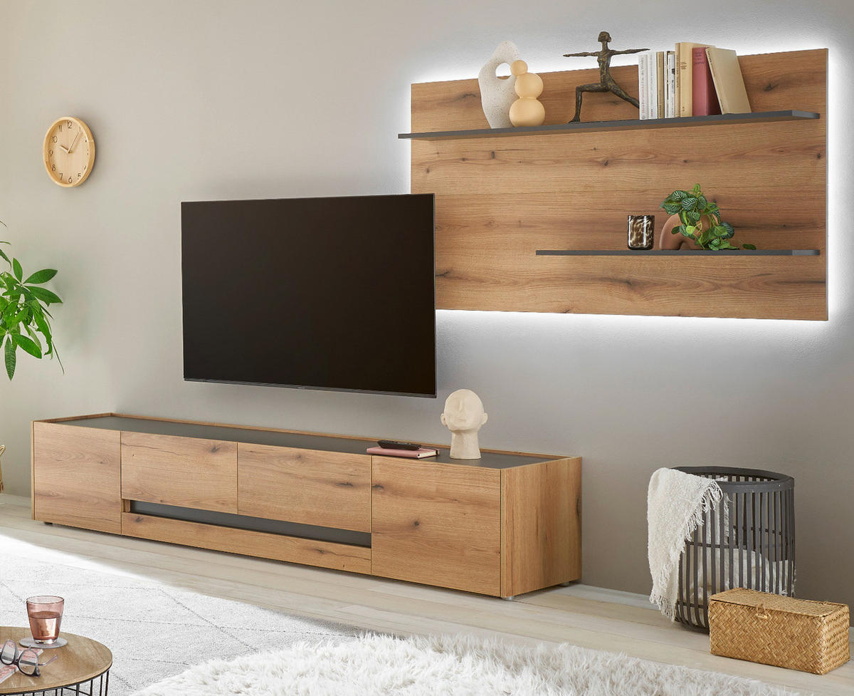 WOHNWAND Evoke Eiche, grau, Wohnkombination Set 2-teilig 300 cm - Eichefarben/Schwarz, Holz/Holzwerkstoff (300/180/45cm) - Furn.Design
