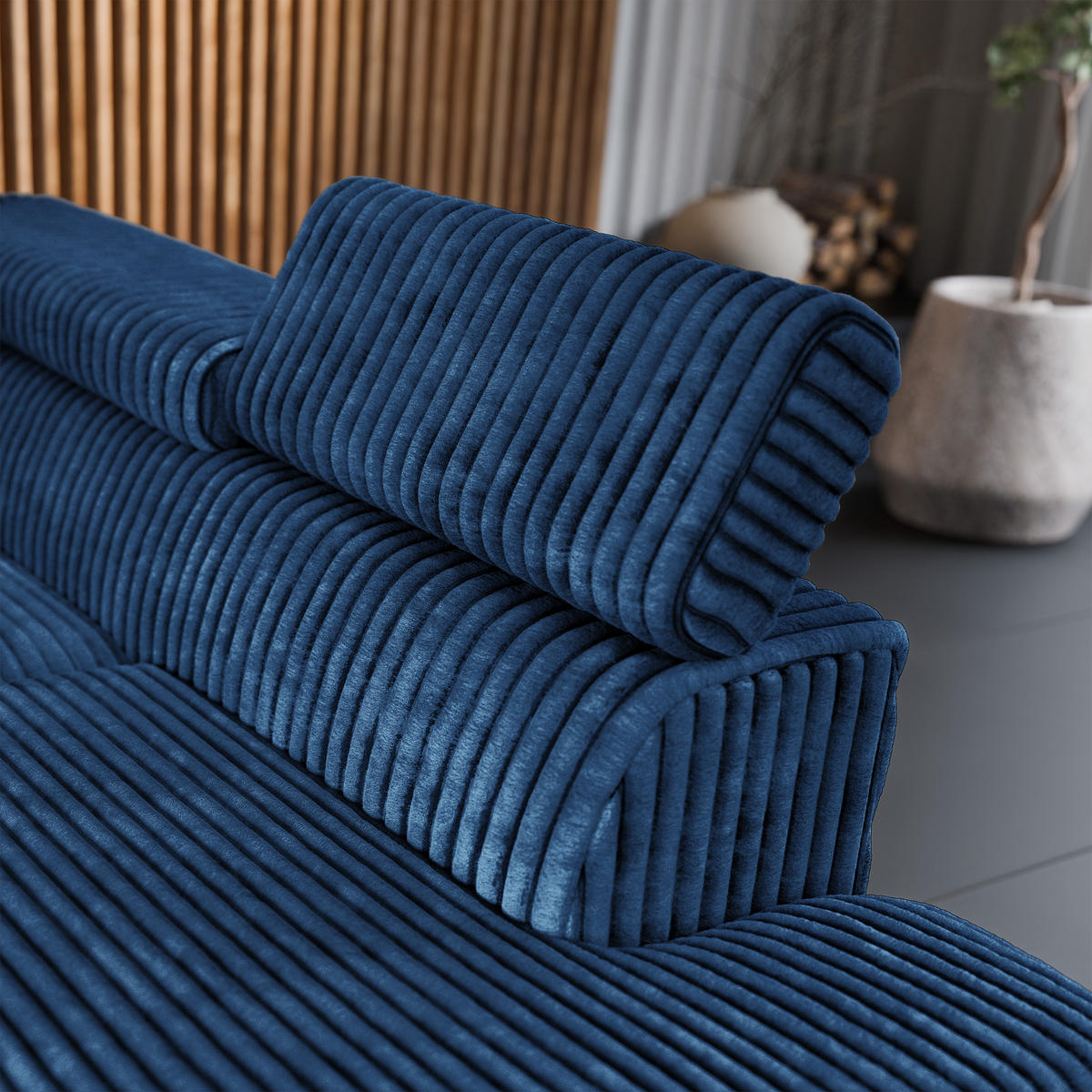 ECKSOFA VELISS Blau Kordstoff mit Schlaffunktion - Blau, Holz (255/193cm) - MASSENO